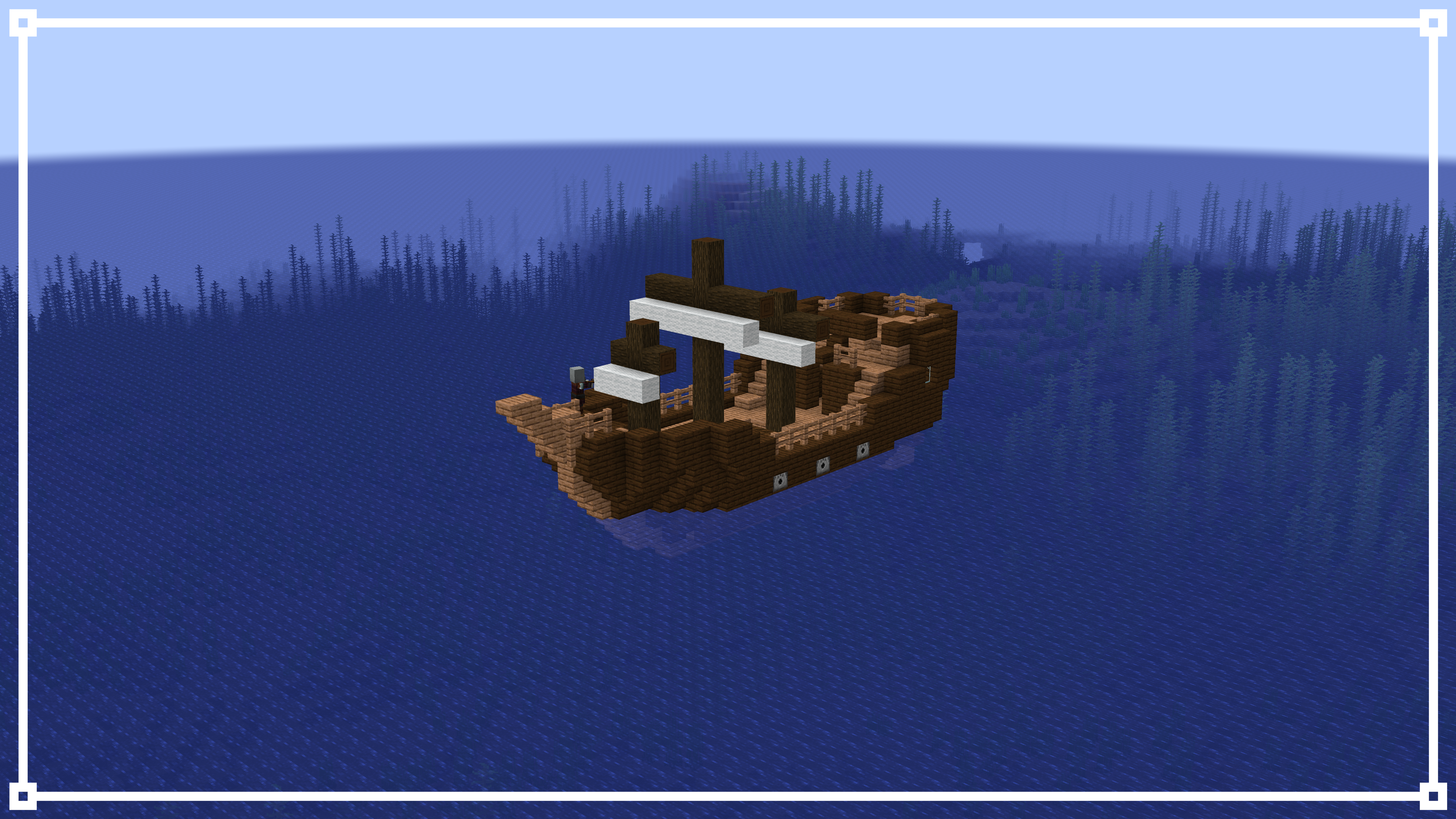 A pirate ship in the open sea.