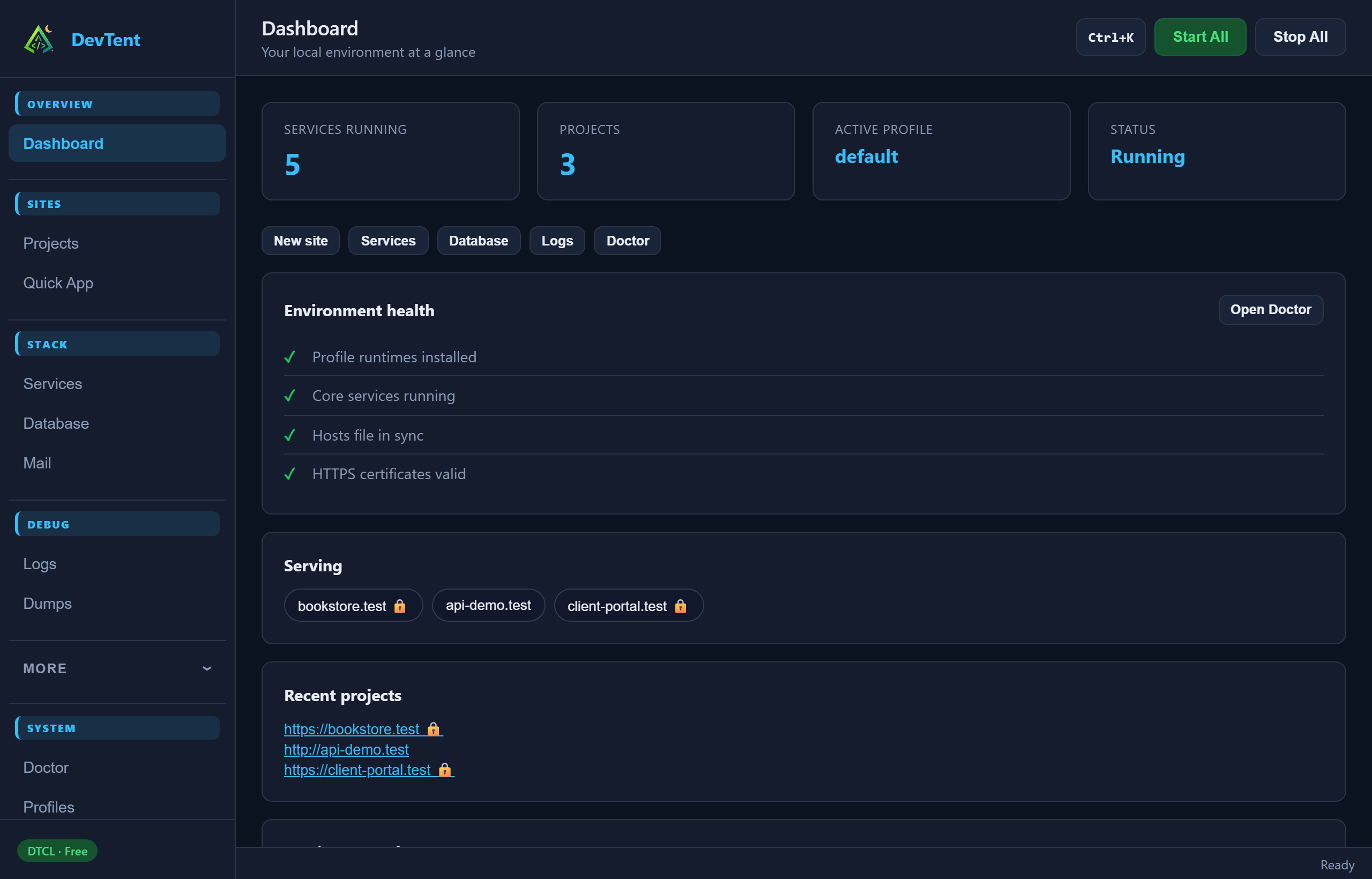 DevTent dashboard