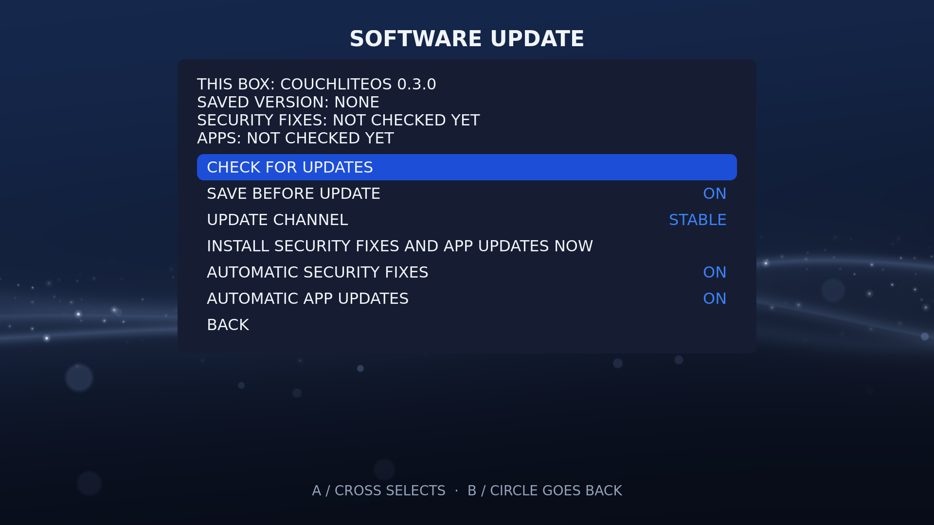 Settings > SOFTWARE UPDATE with the installed version, the saved version and the update rows