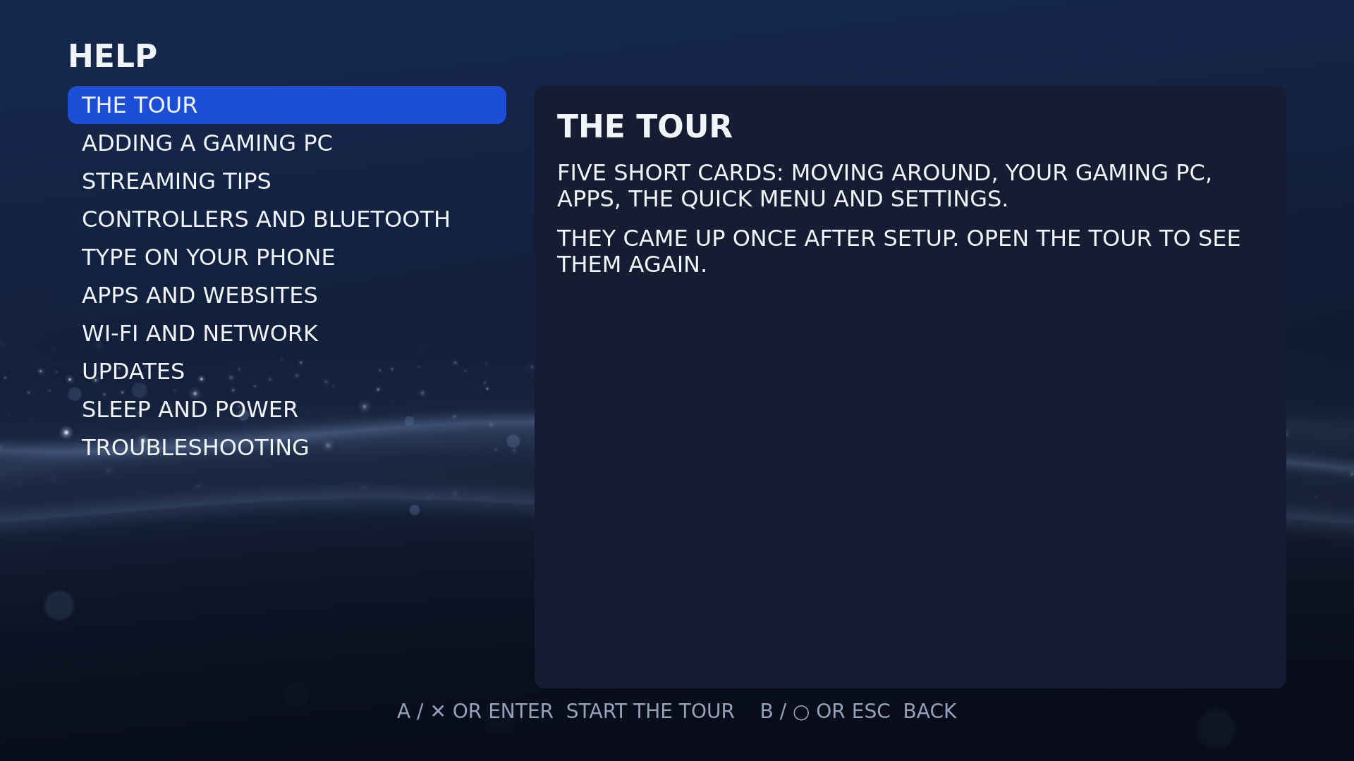 The HELP screen: a list of topics, each with a short answer