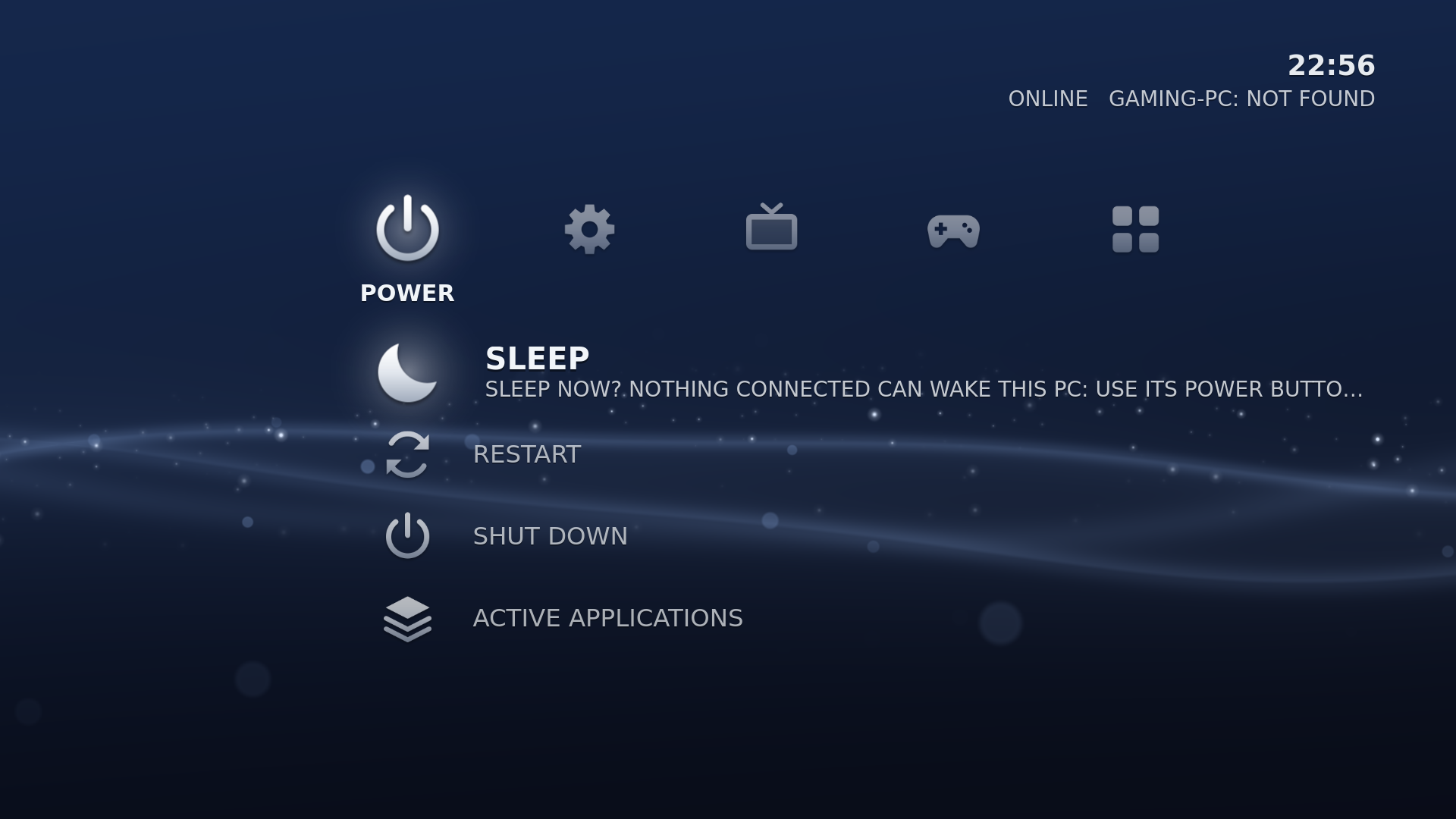 The POWER category: SLEEP, RESTART, SHUT DOWN and ACTIVE APPLICATIONS
