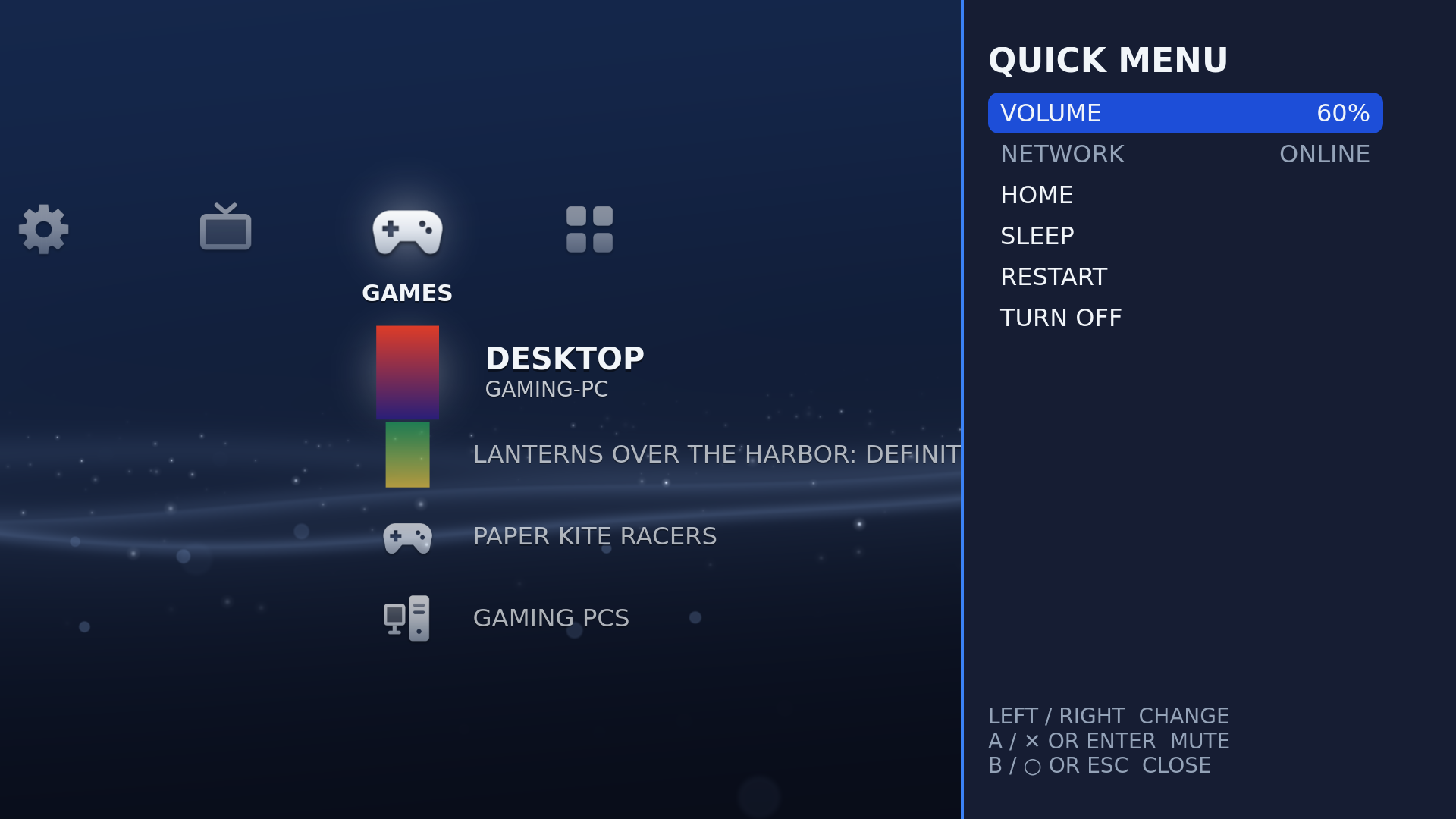 The quick menu open over the home screen