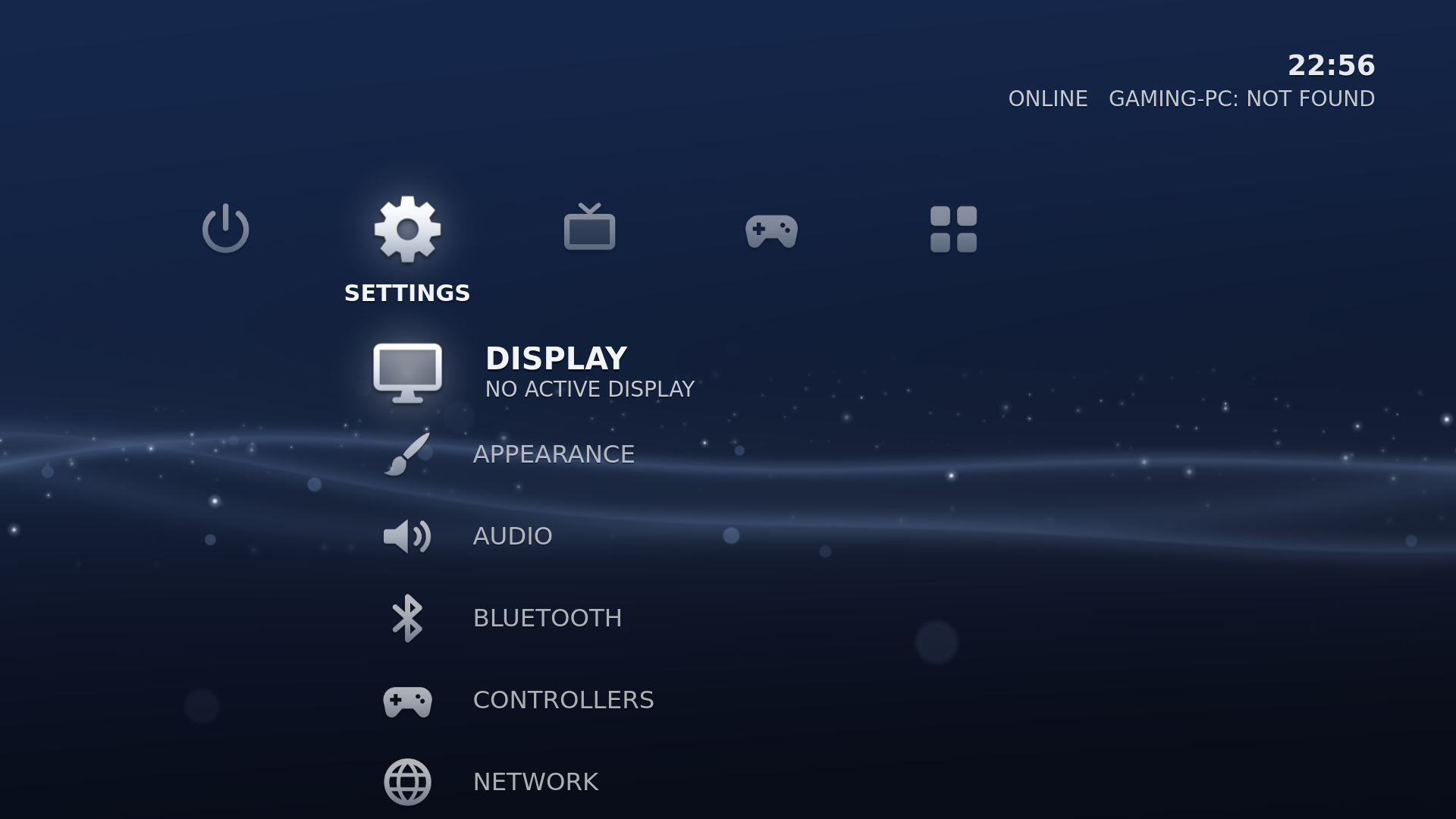 SETTINGS on the home screen, each page with its current value