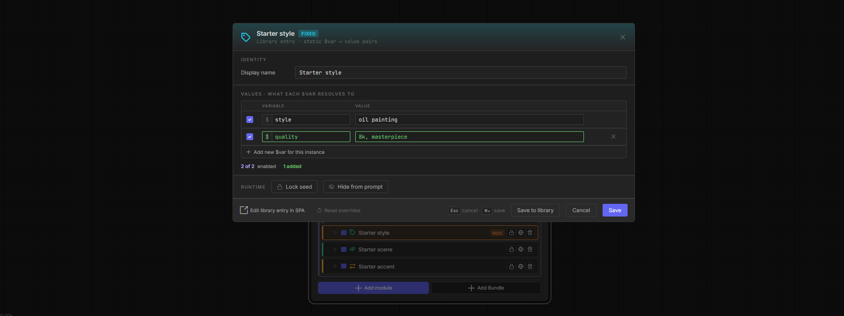 Fixed Values editor