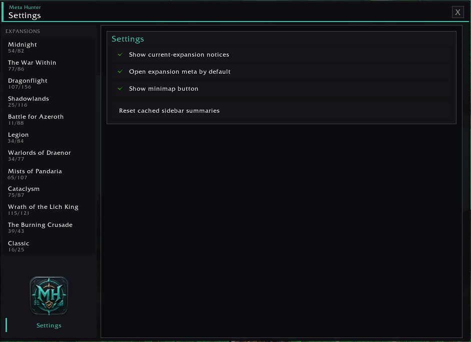 Meta Hunter Settings panel