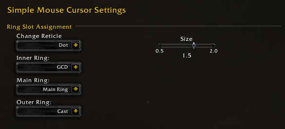 Simple Mouse Cursor settings showing the reticle and ring assignments