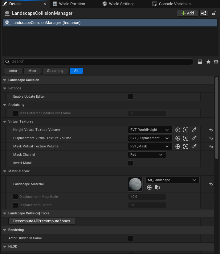 Landscape Collision Manager Settings