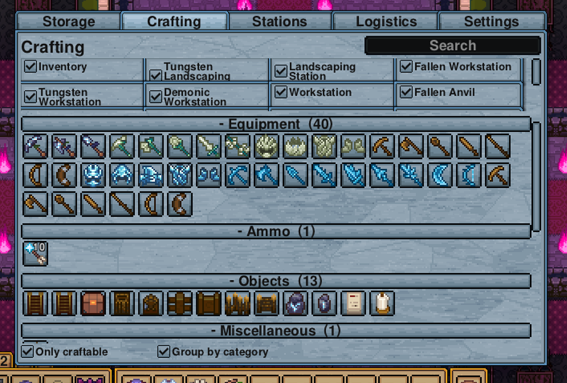 The Crafting tab, with recipes grouped by category and the installed stations listed above