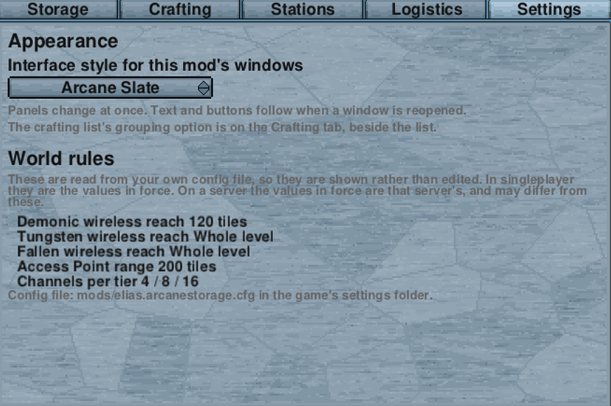The Settings tab, with the interface style picker and the world rules