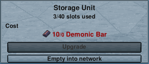 A storage unit panel, with its upgrade and empty buttons