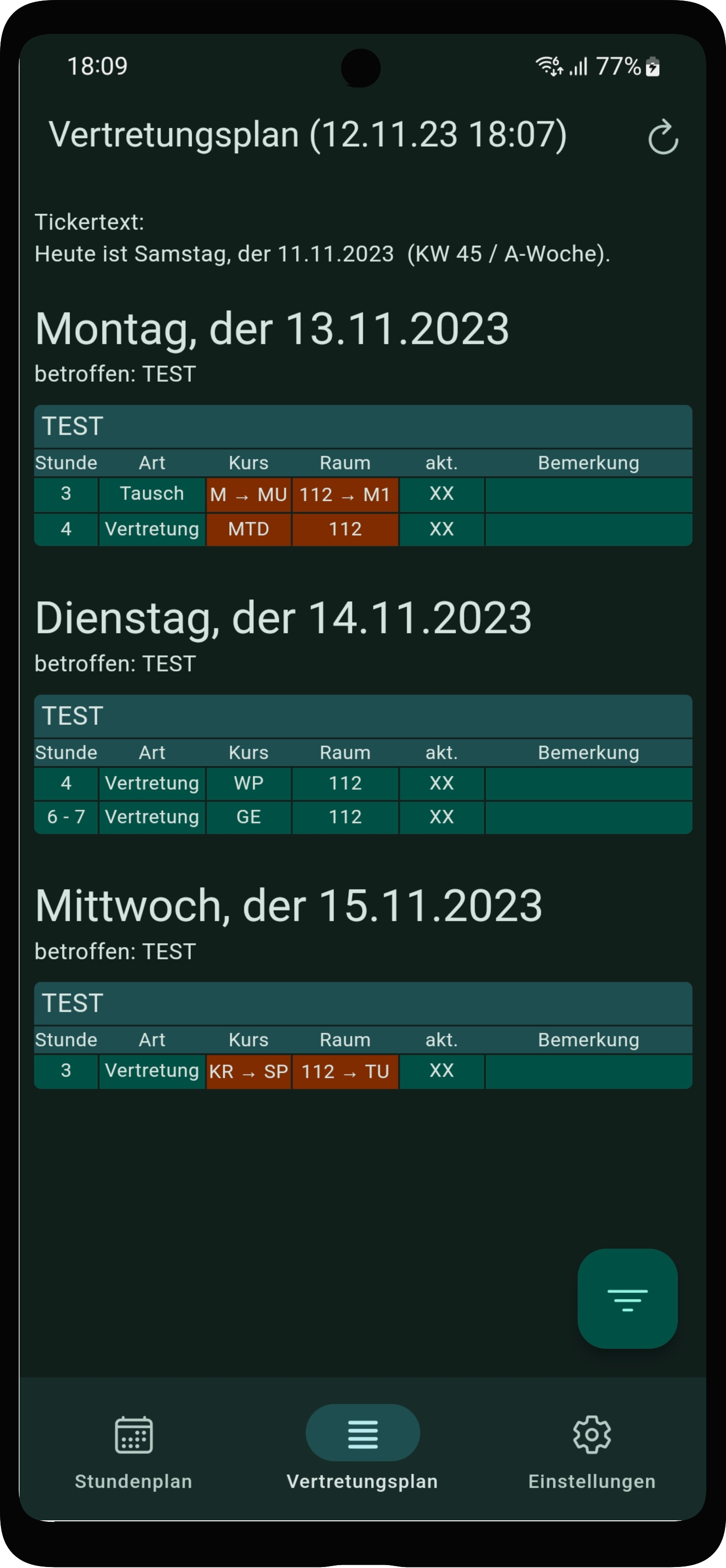 Screenshot of Vertretungsplan View