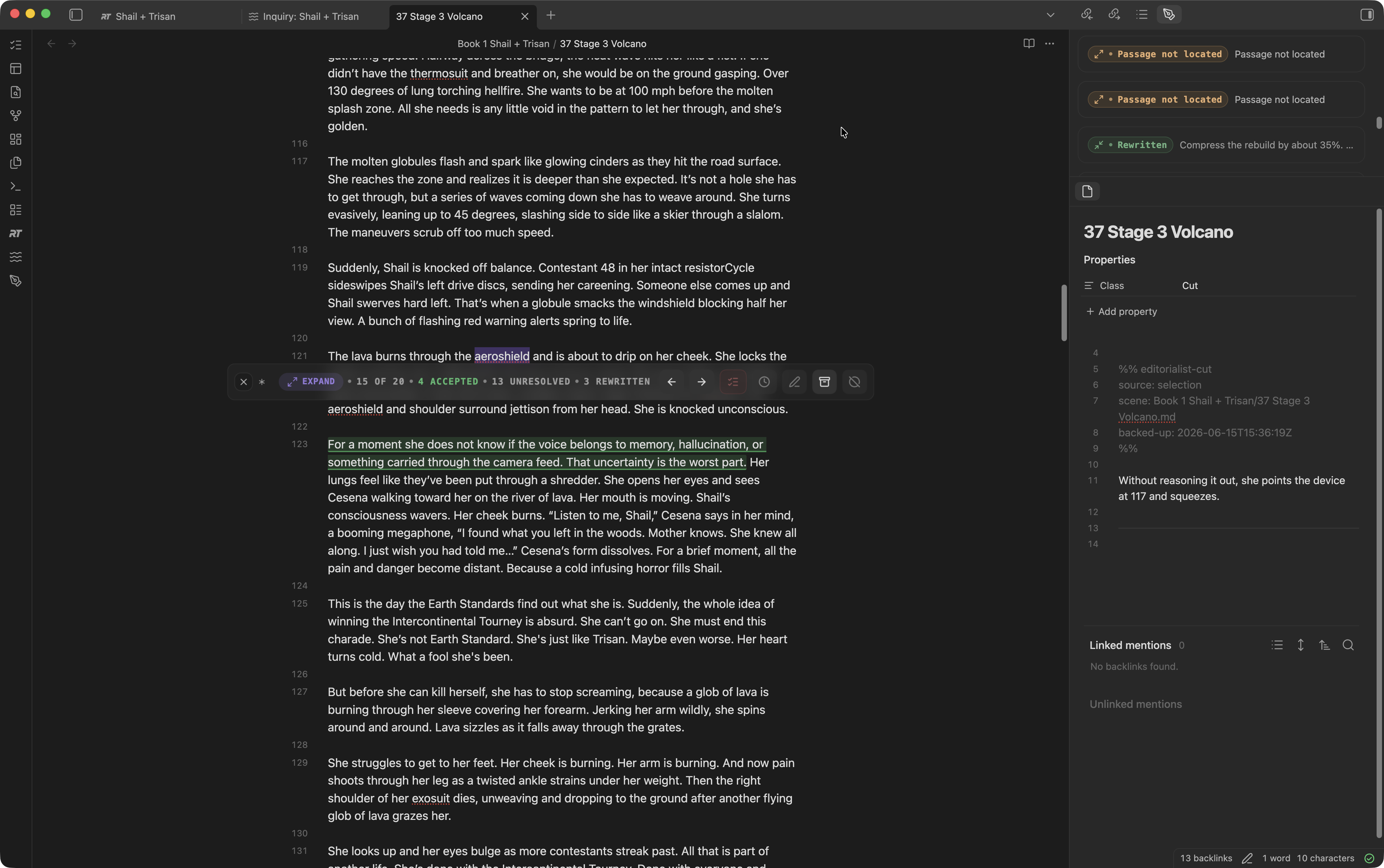 Cut file opened in the side pane after backing up selected manuscript text