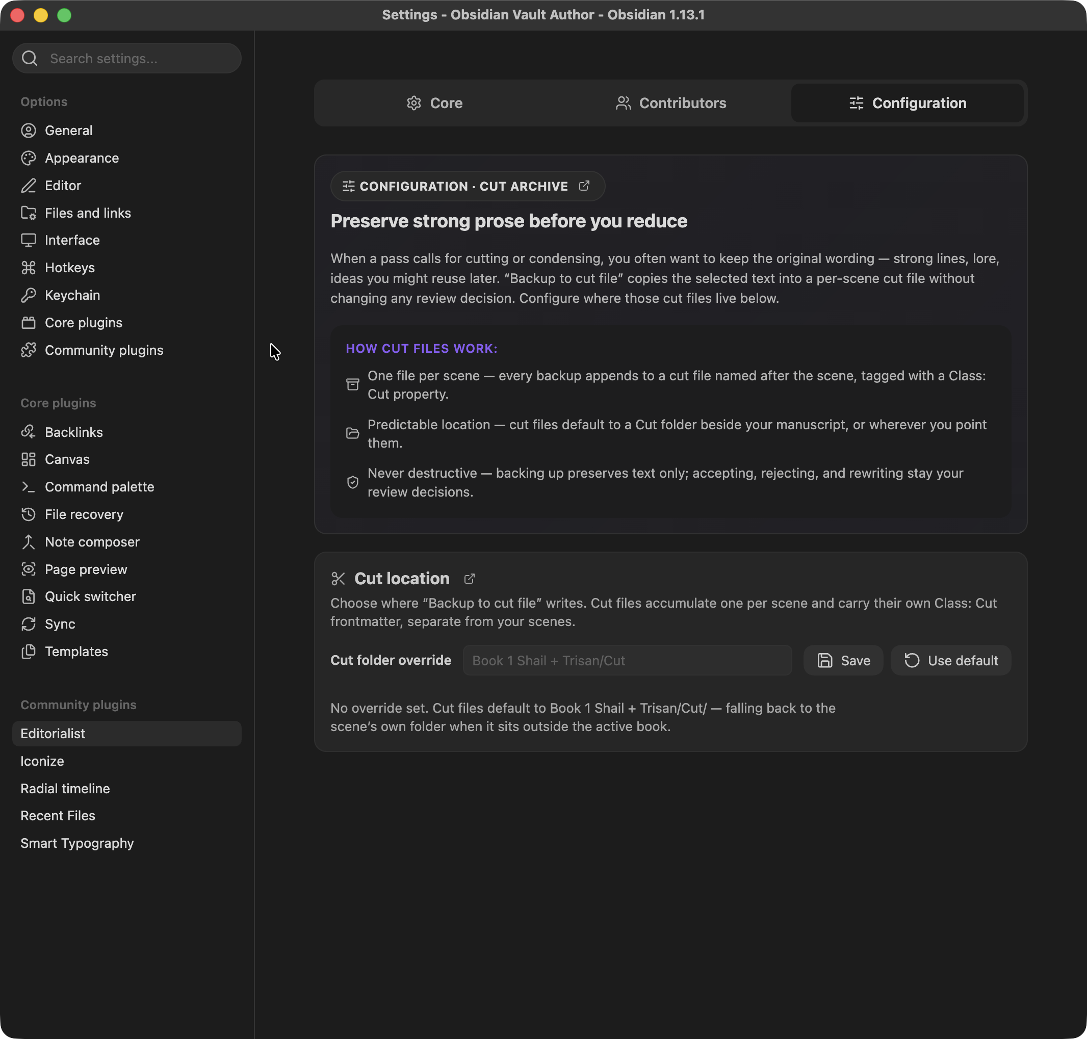 Configuration settings tab: how cut files work, and the cut location override
