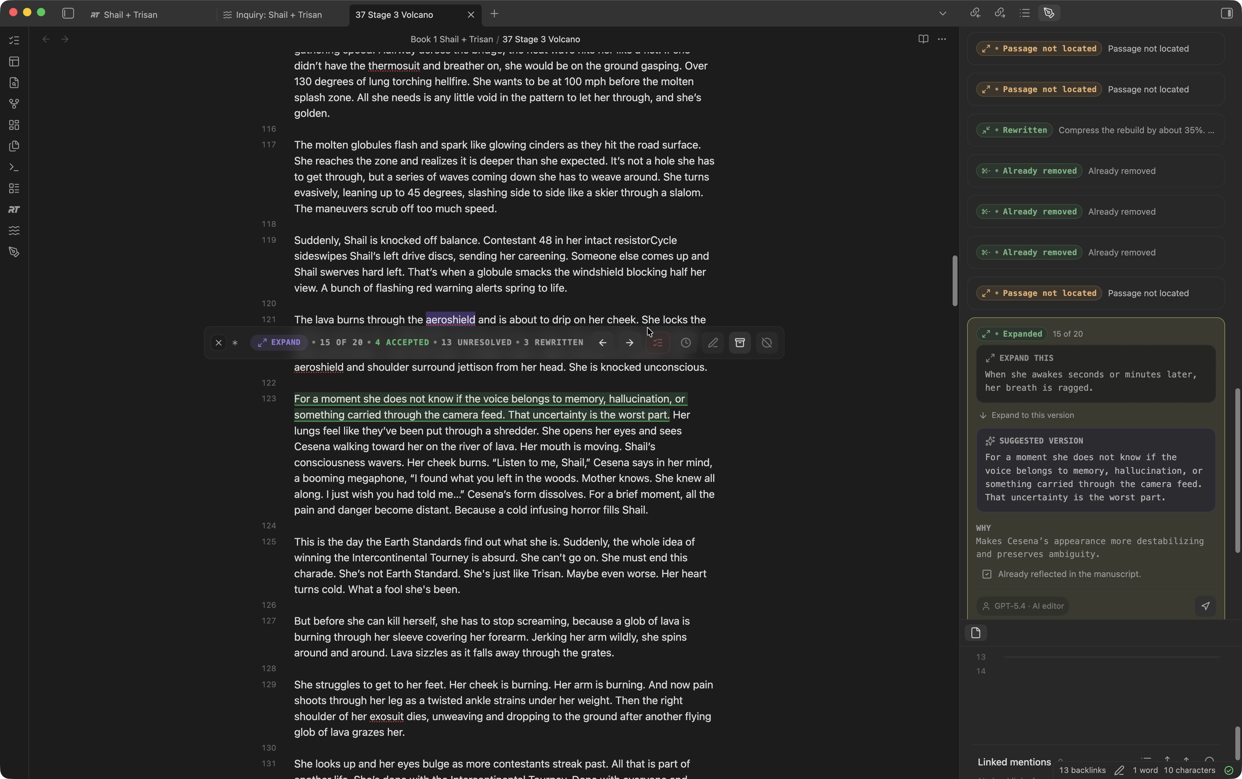 Inline suggestion toolbar over highlighted manuscript text, with the matching review card selected in the side panel