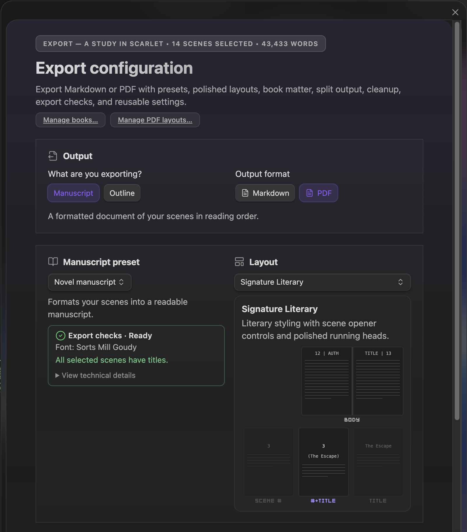 Manuscript export panel