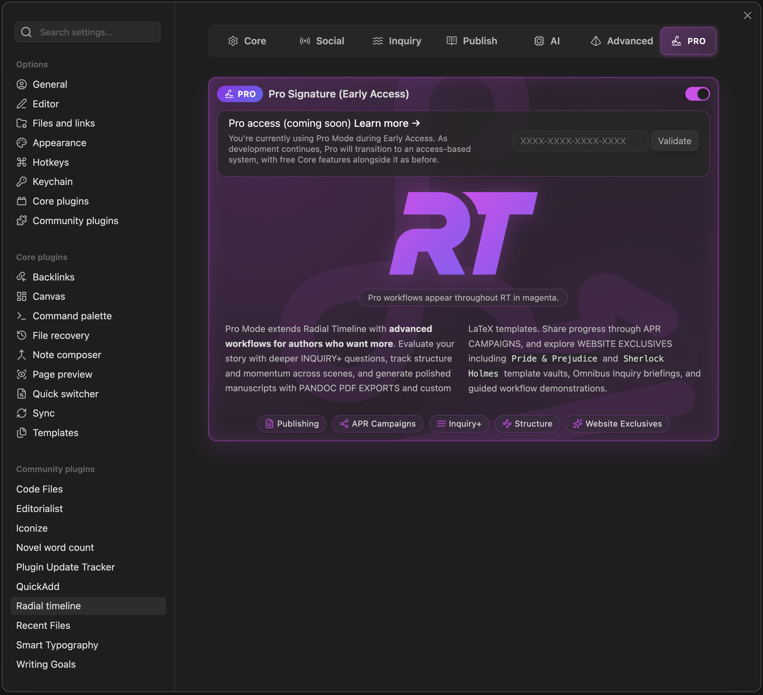 Settings → PRO tab