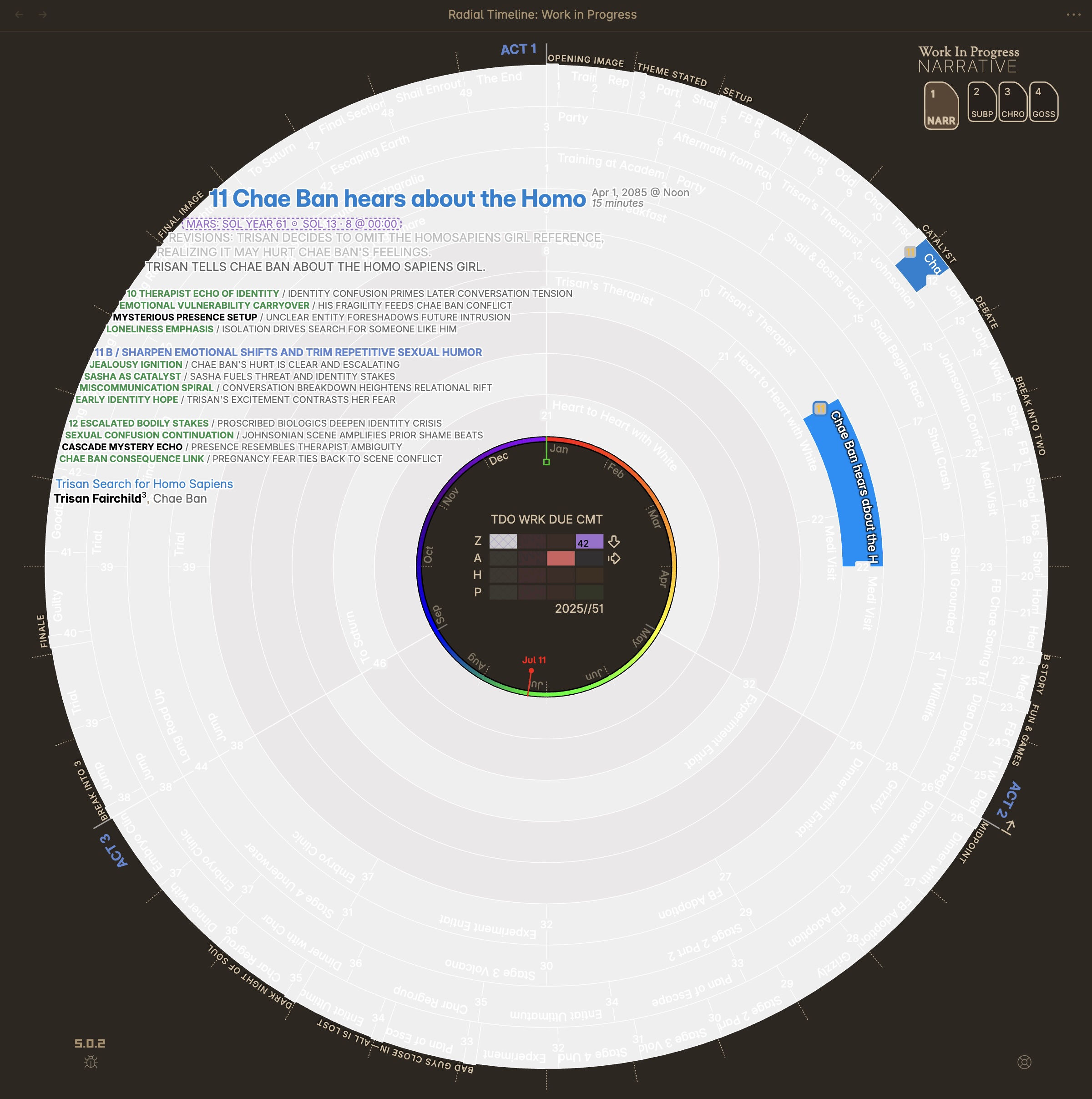 Hover synopsis: metadata + AI pulse triplet analysis (previous/current/next)