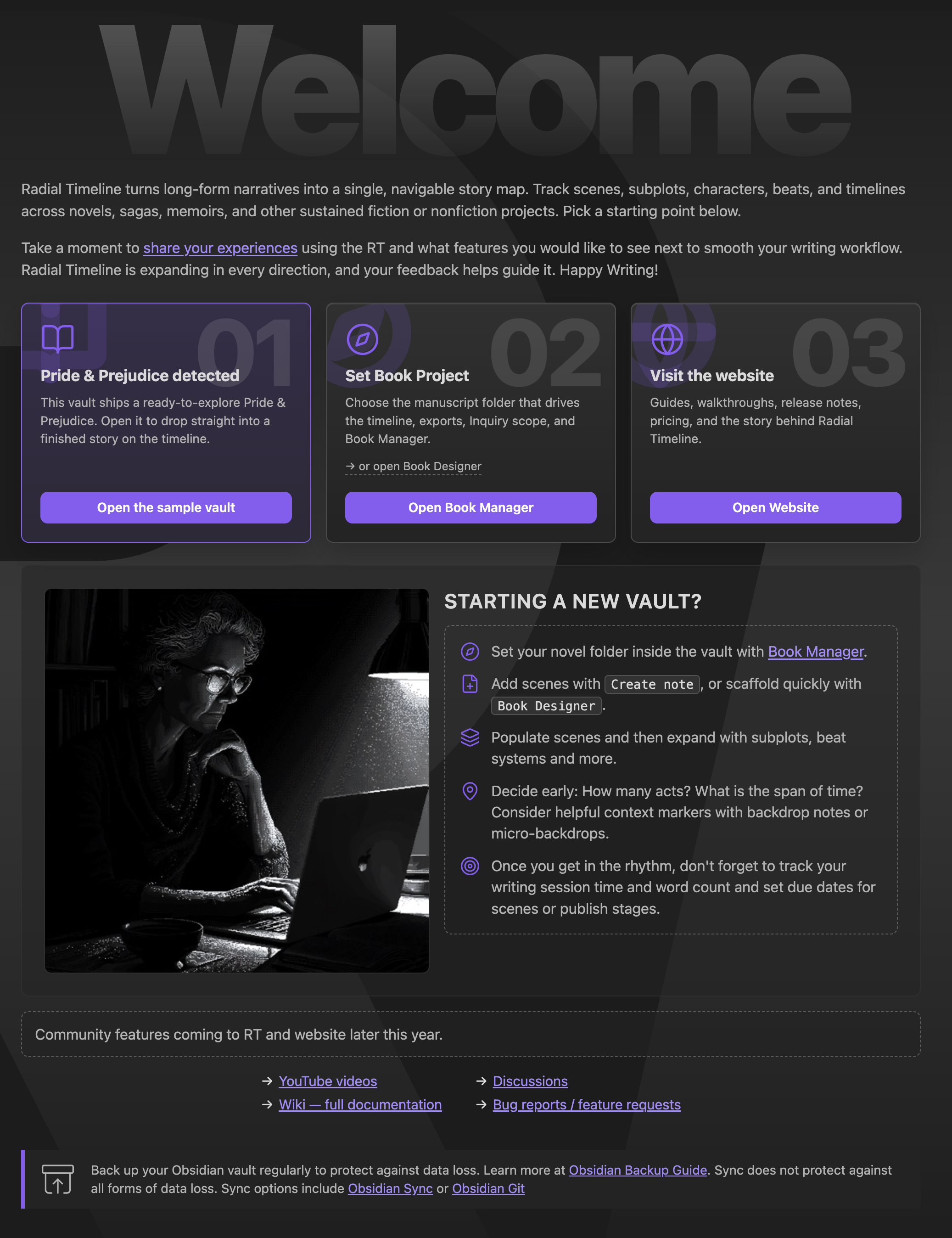 Radial Timeline welcome screen with quick-start guide