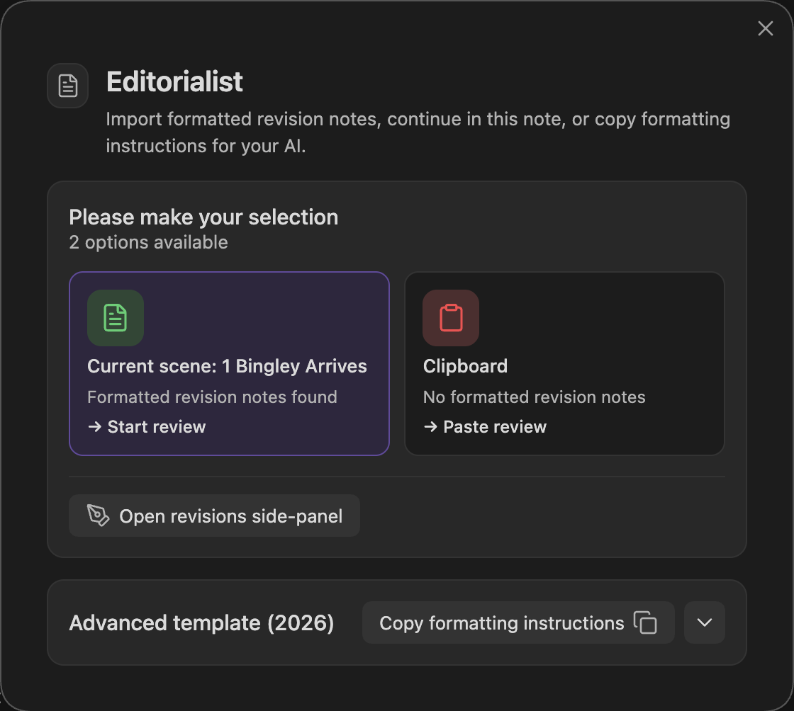 The review launcher with current-scene and clipboard choices and formatting instructions
