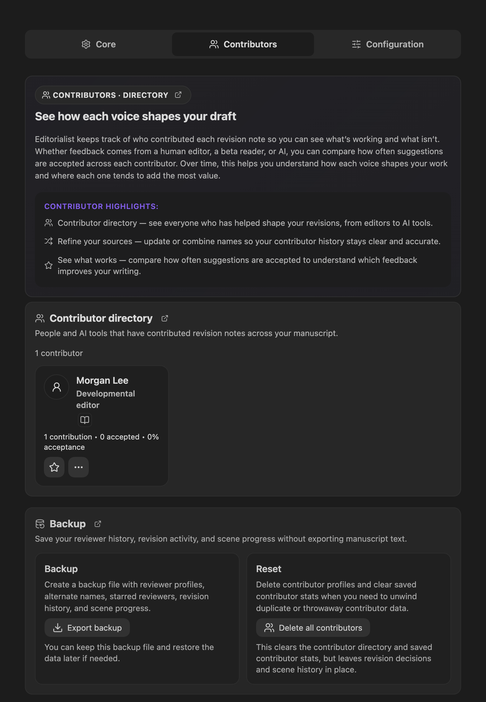 Contributors settings tab: contributor directory with per-contributor cards and stats, backup section