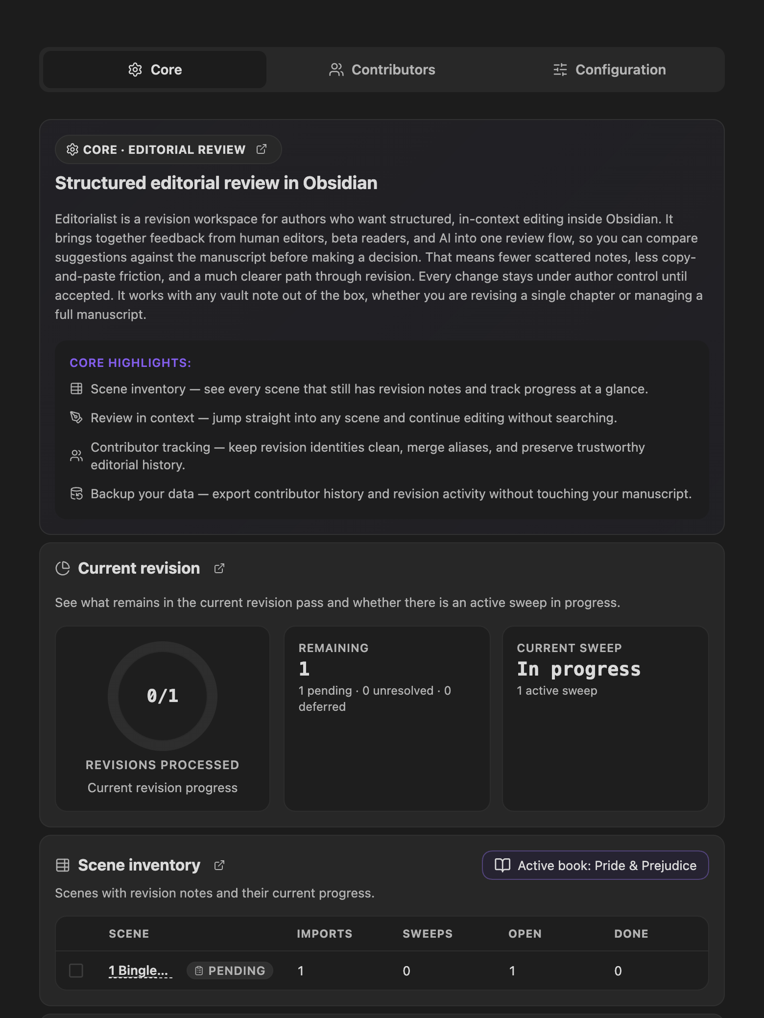 Core settings tab: structured editorial review hero, current revision progress, and scene inventory