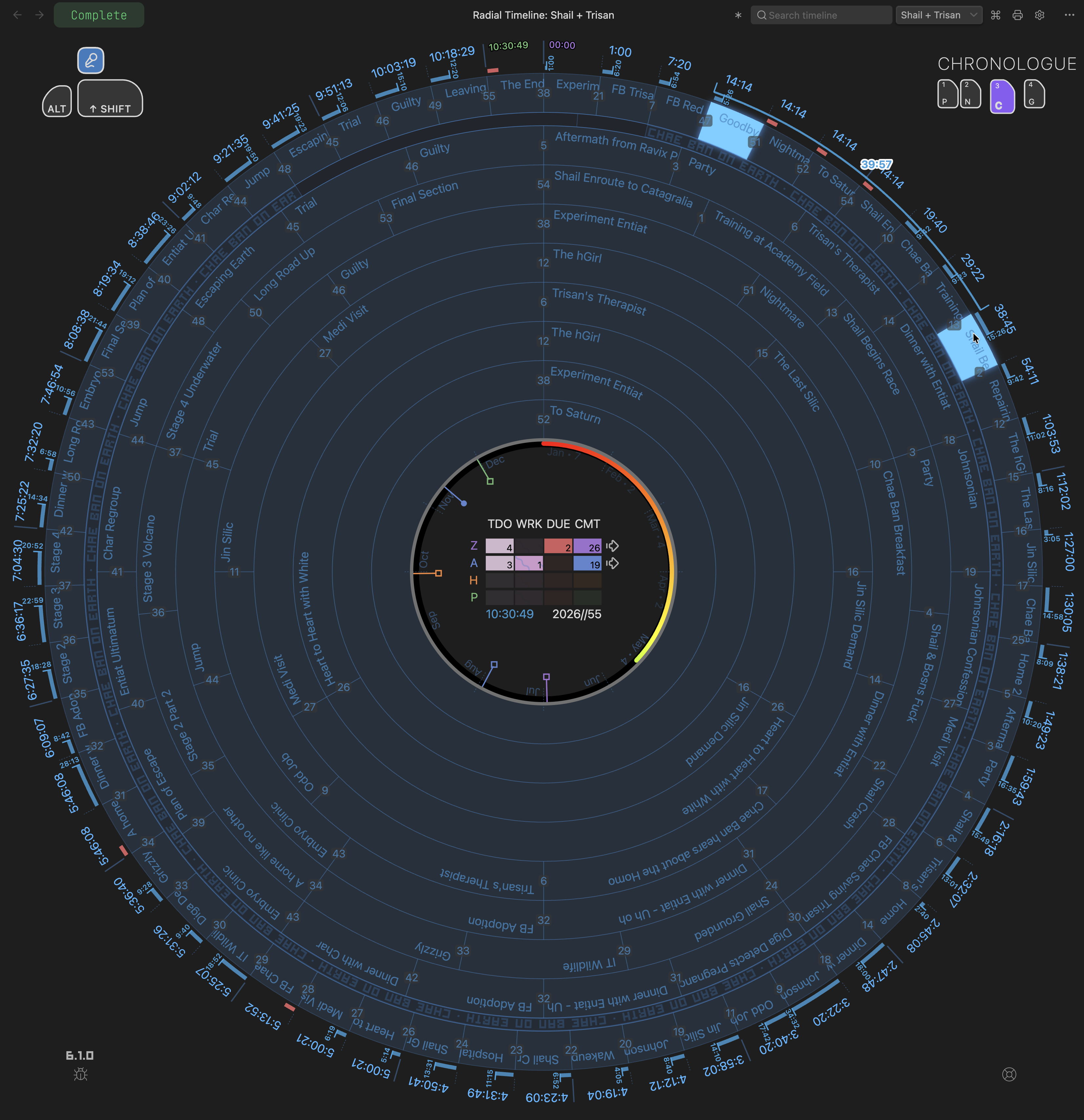 Chronologue Runtime sub-mode with blue wireframe duration arcs