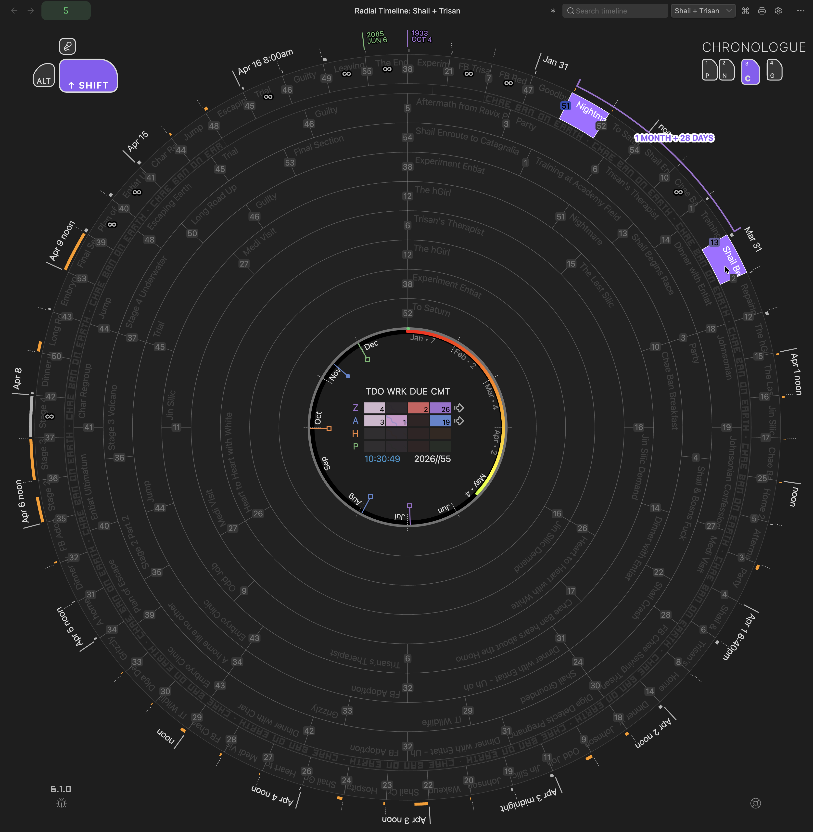 Chronologue Shift mode: elapsed-time arc between selected scenes and infinity gap markers
