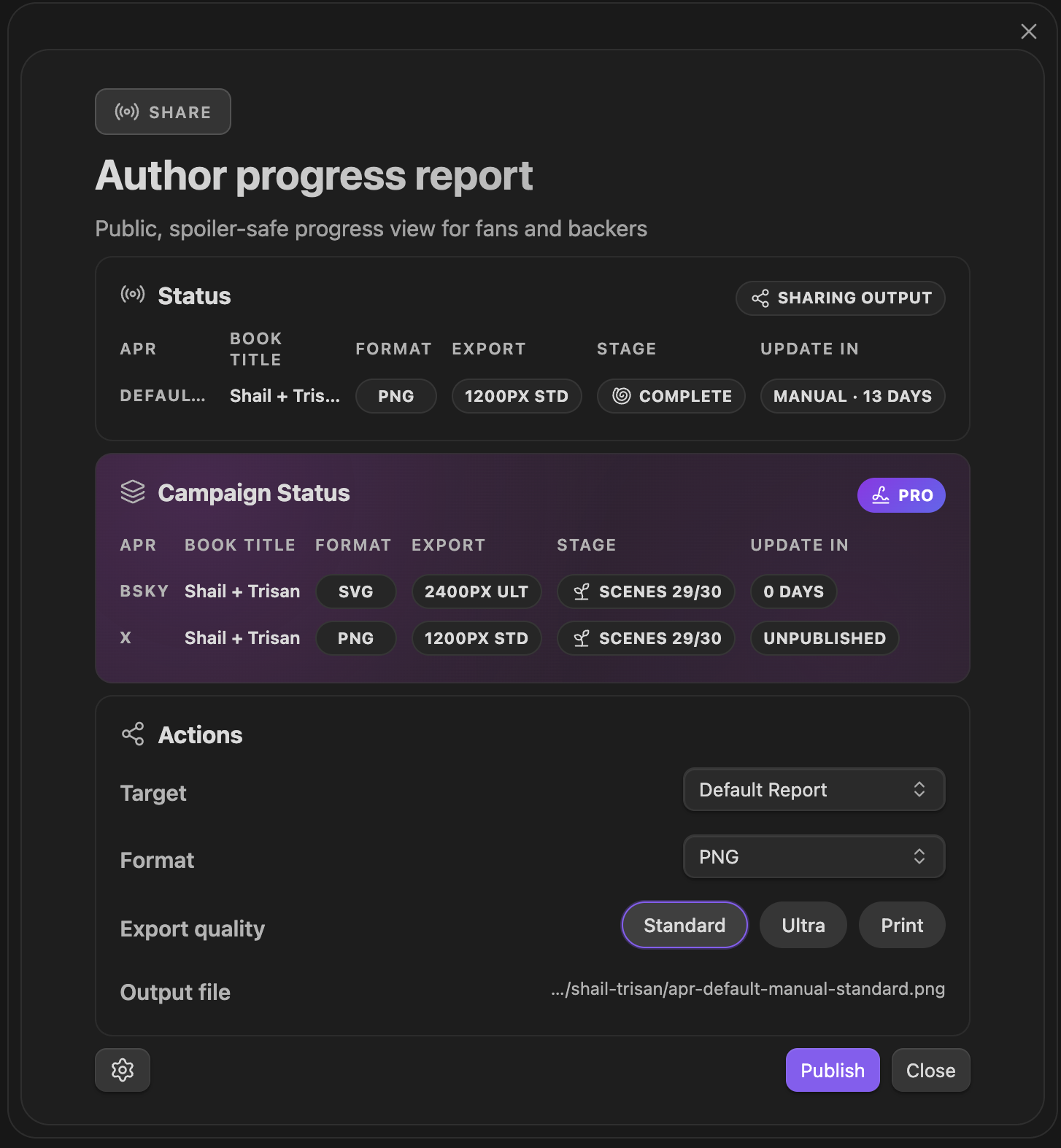 Author Progress Report panel with preview and export options