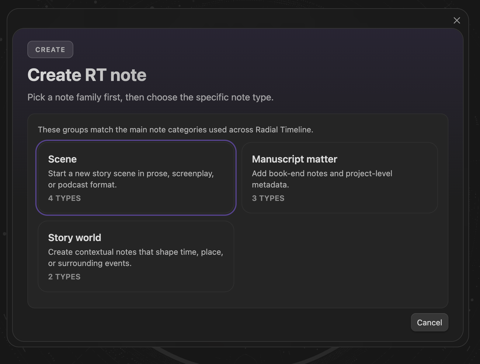 Create note command panel