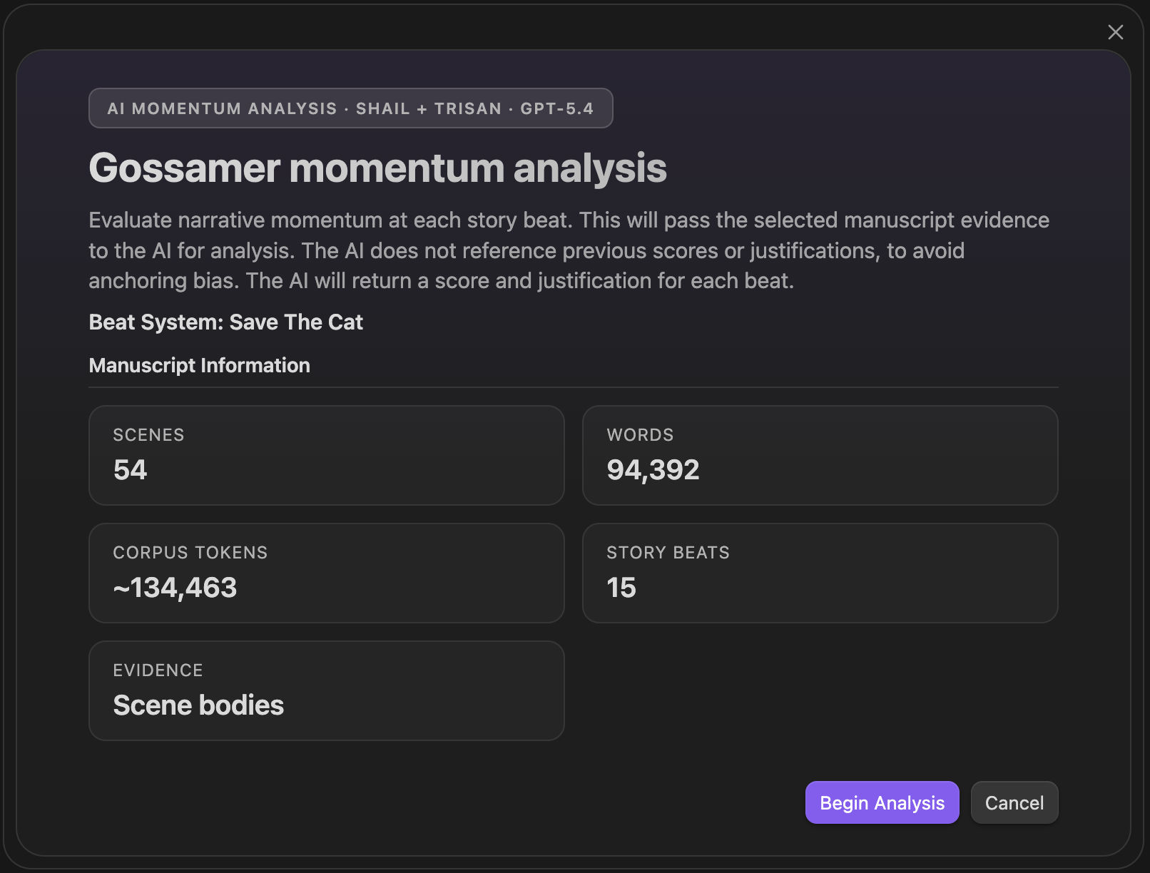 Gossamer analysis command panel