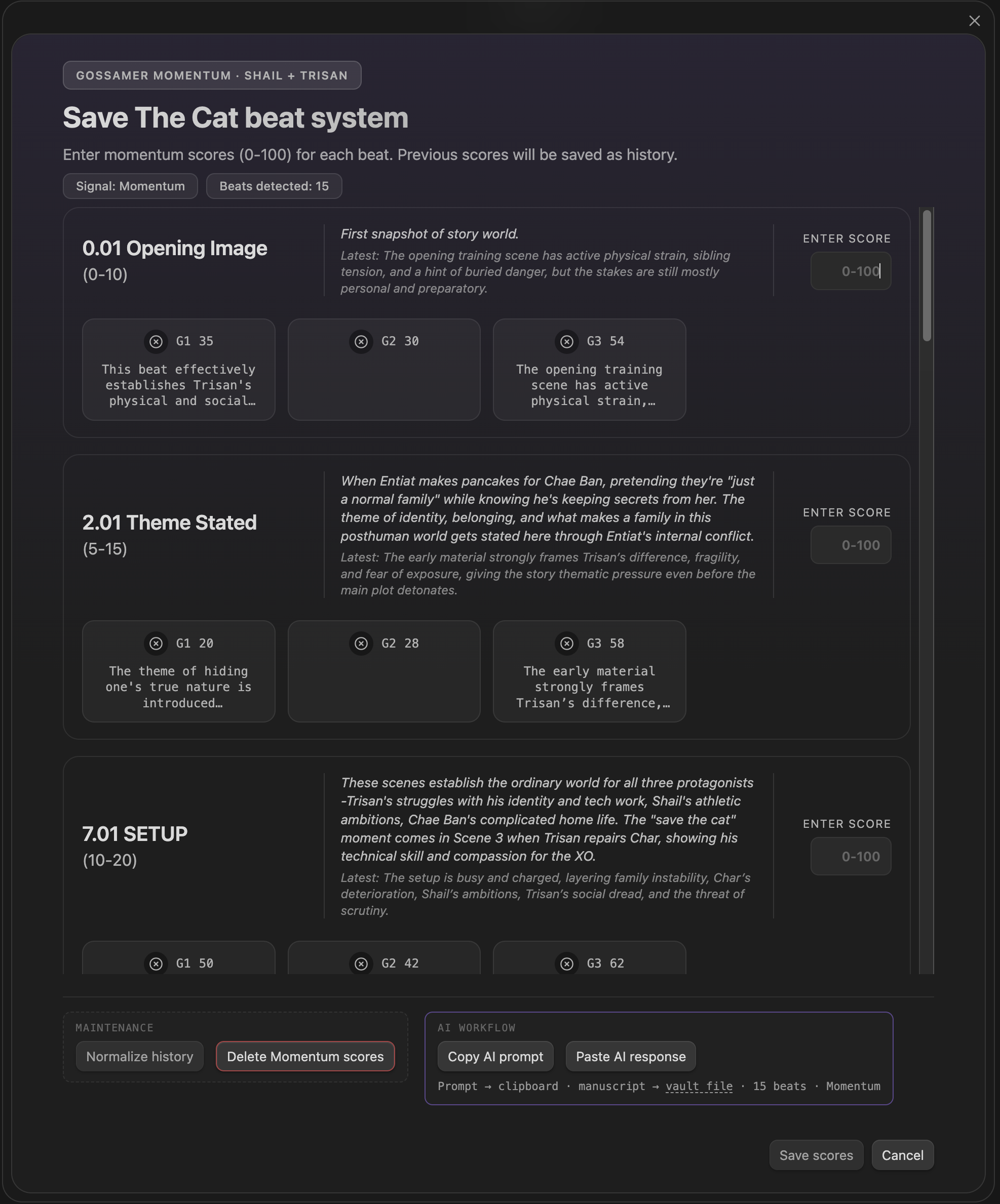 Gossamer score manager panel