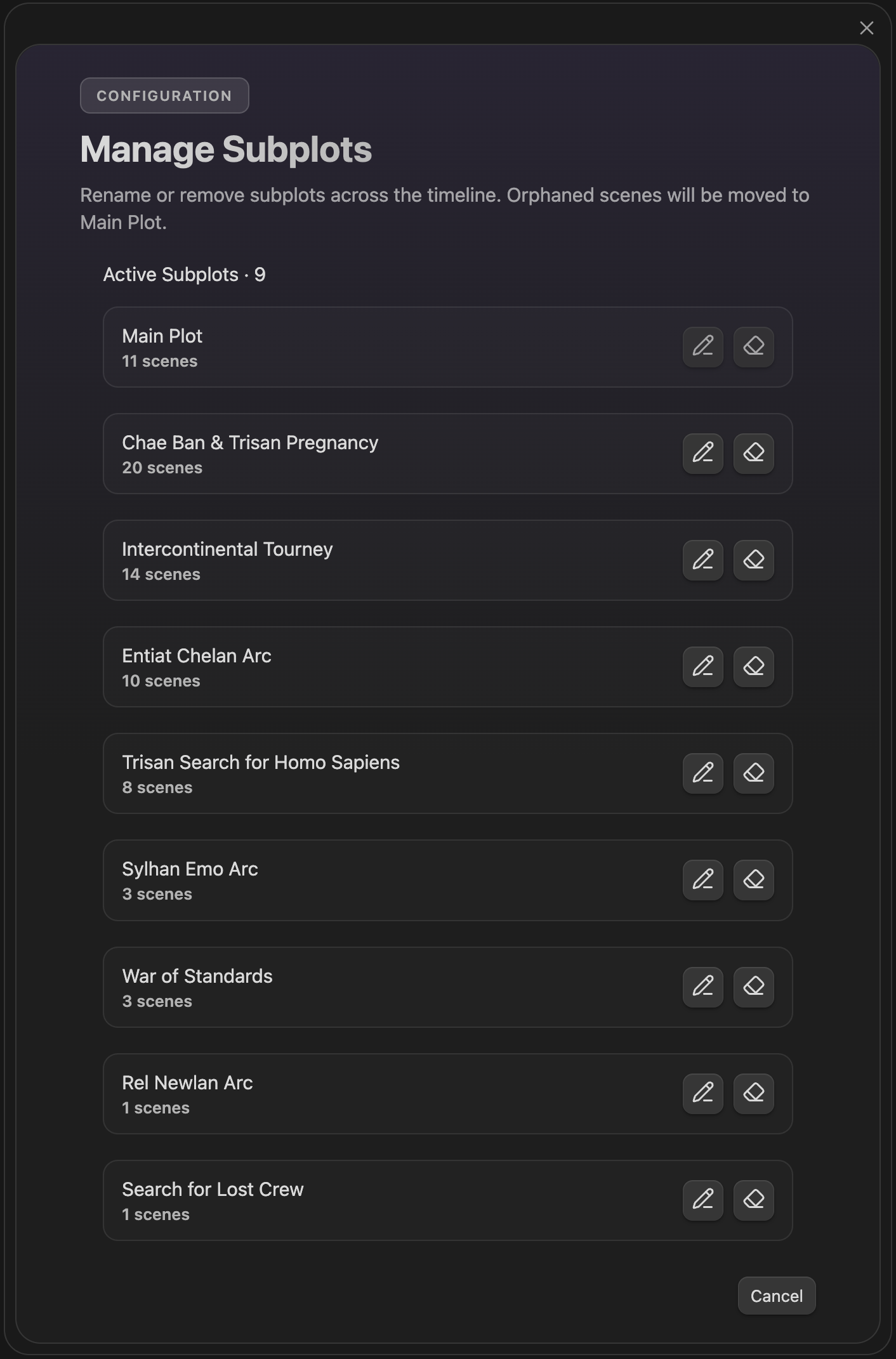 Manage subplots panel