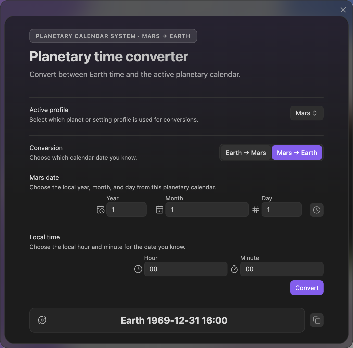Planetary time calculator panel