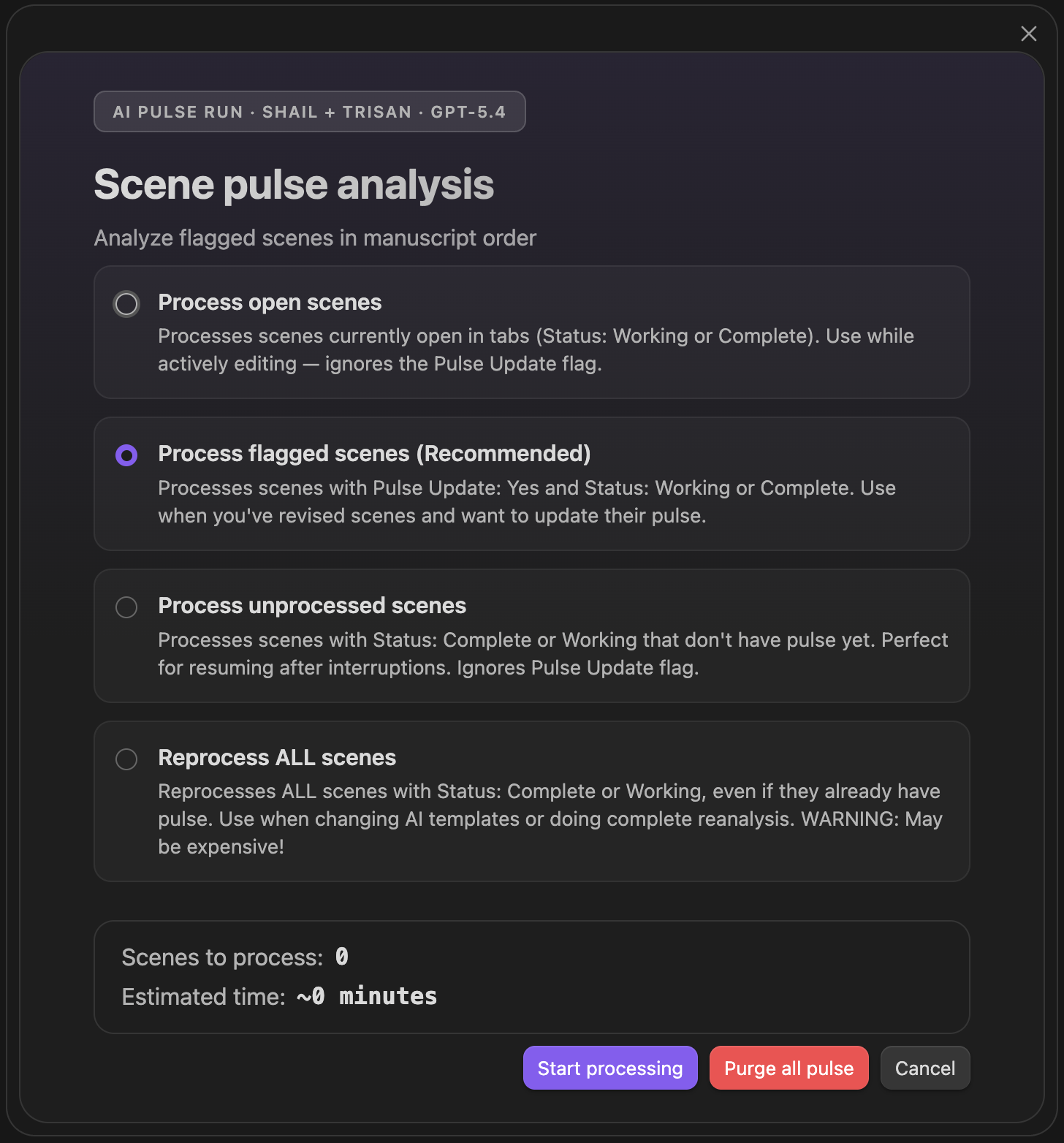 Scene pulse analysis manuscript order command panel
