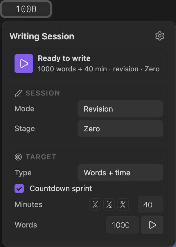 Radial Timeline writing session and count popover