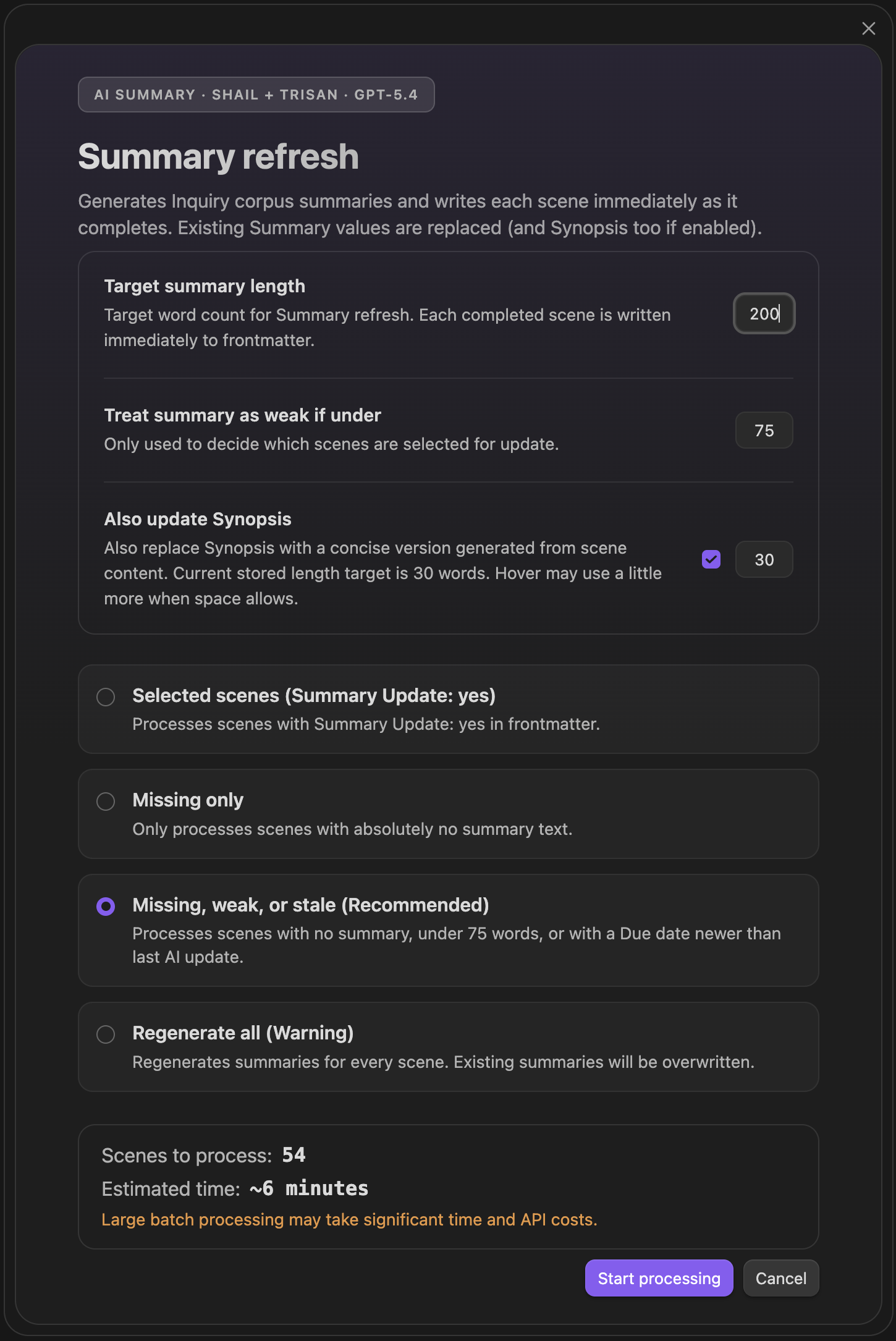 Summary refresh command panel