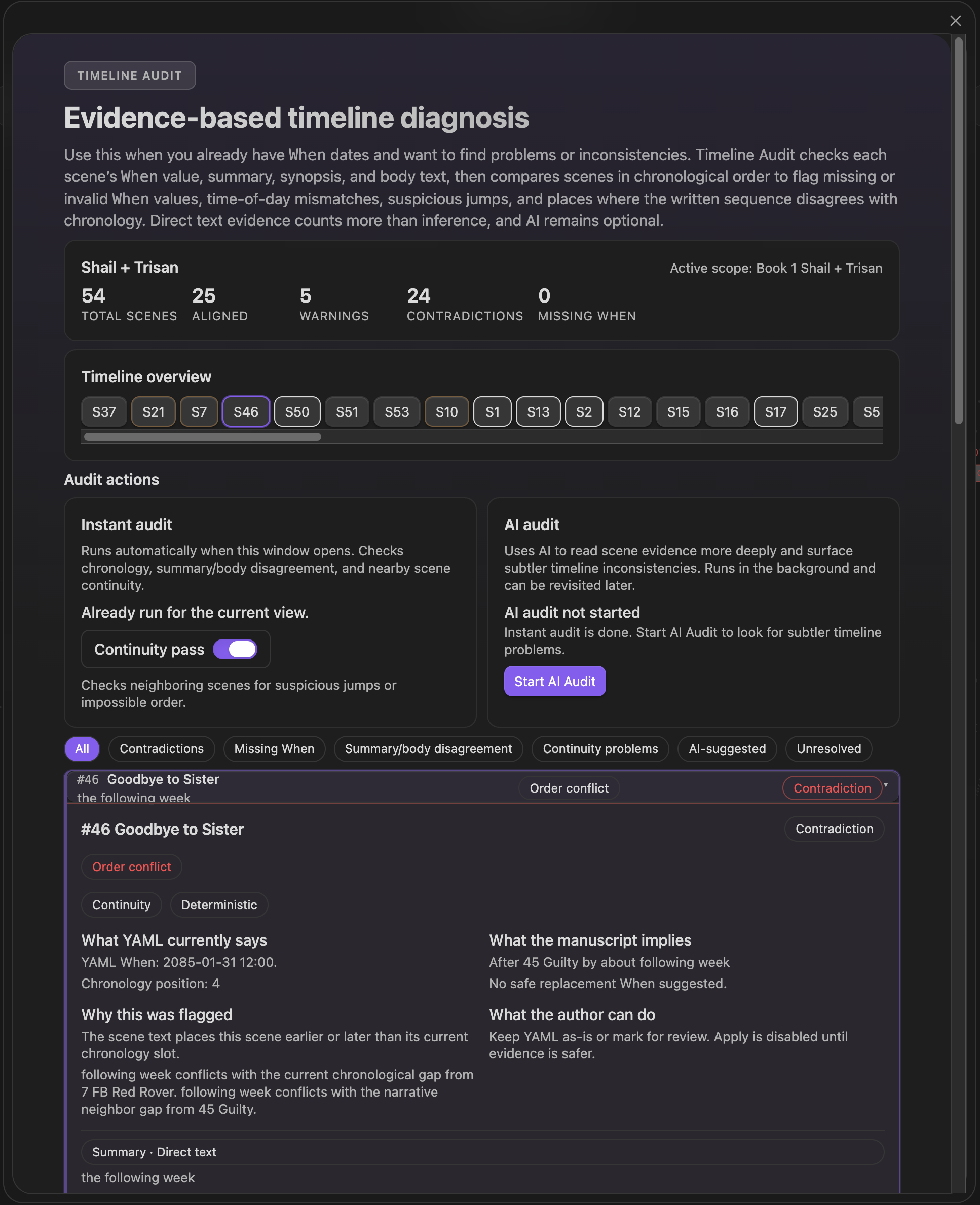 Timeline audit panel