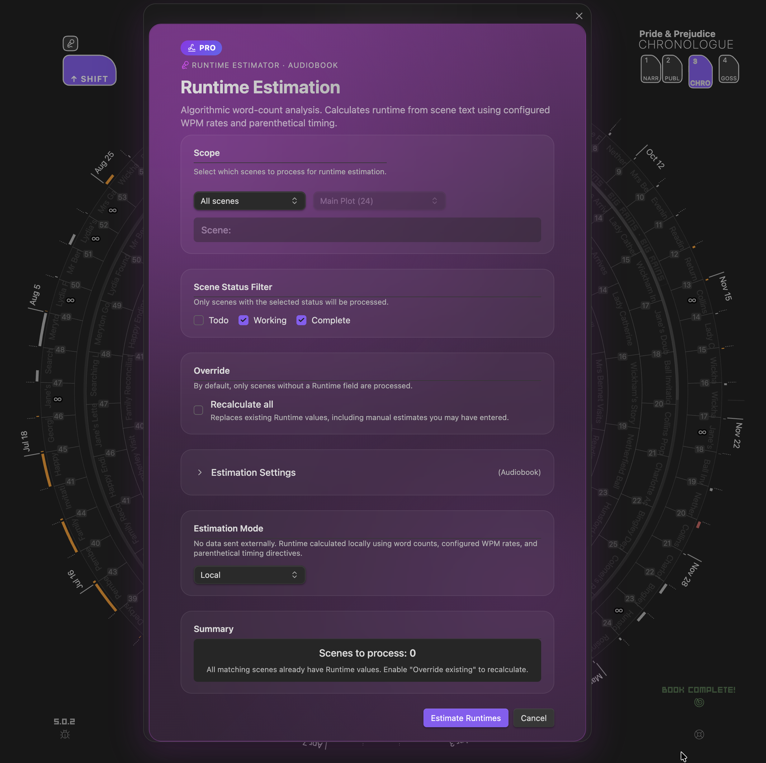 Runtime Estimator modal with mode selection and progress