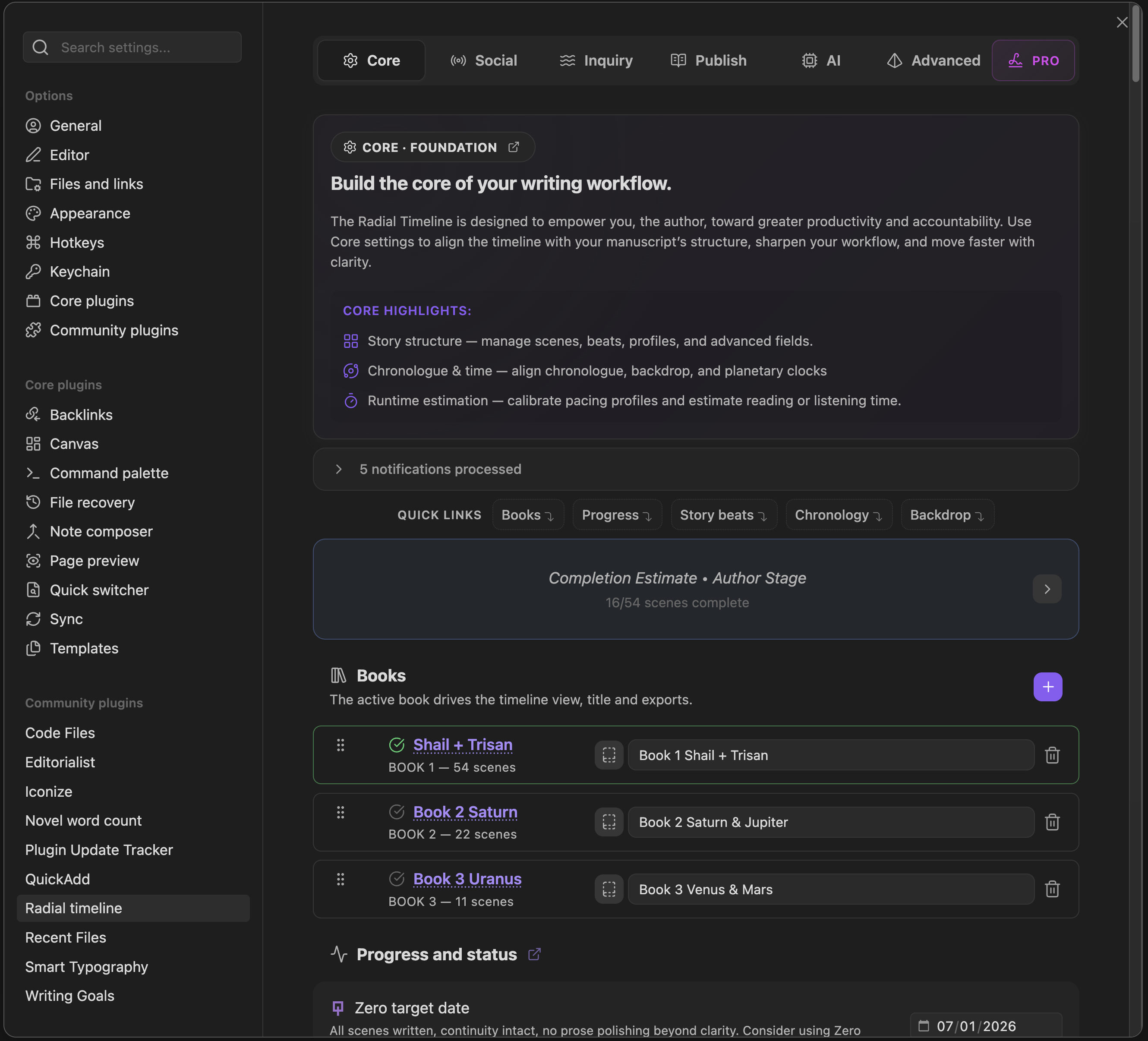 Settings → Core tab