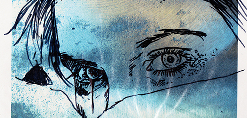 Close up illustration of eyes in black pen on a blue and brushed metal background