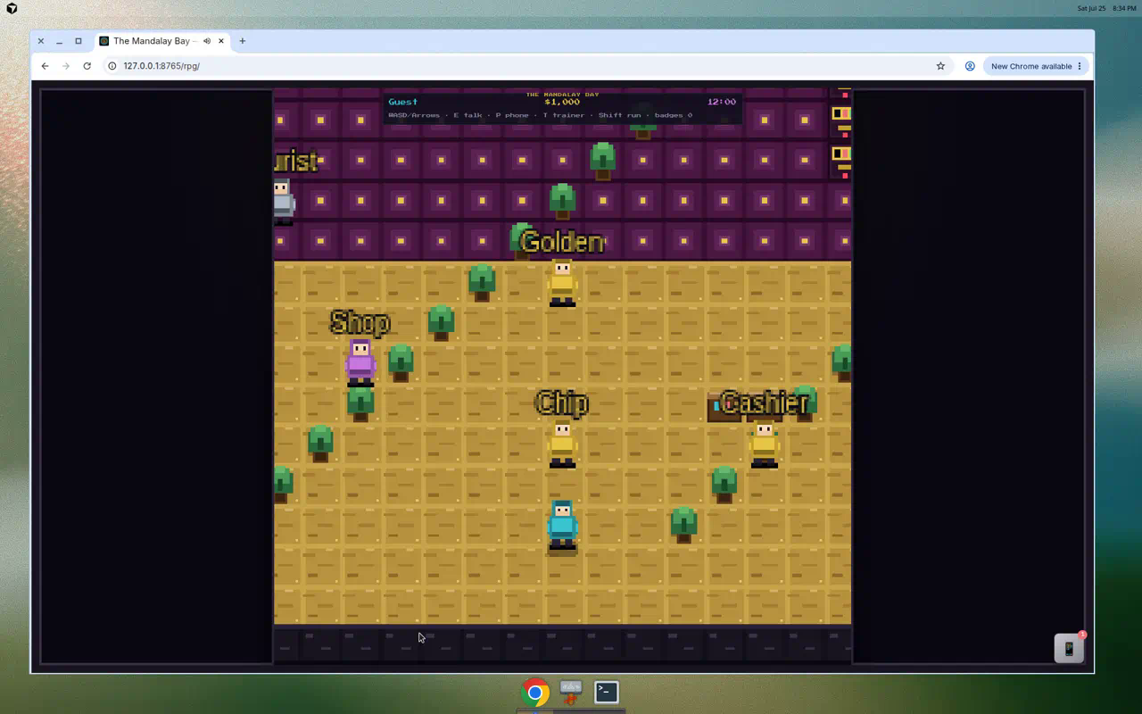 Pixel RPG overworld — casino carpet, NPCs, and chip HUD