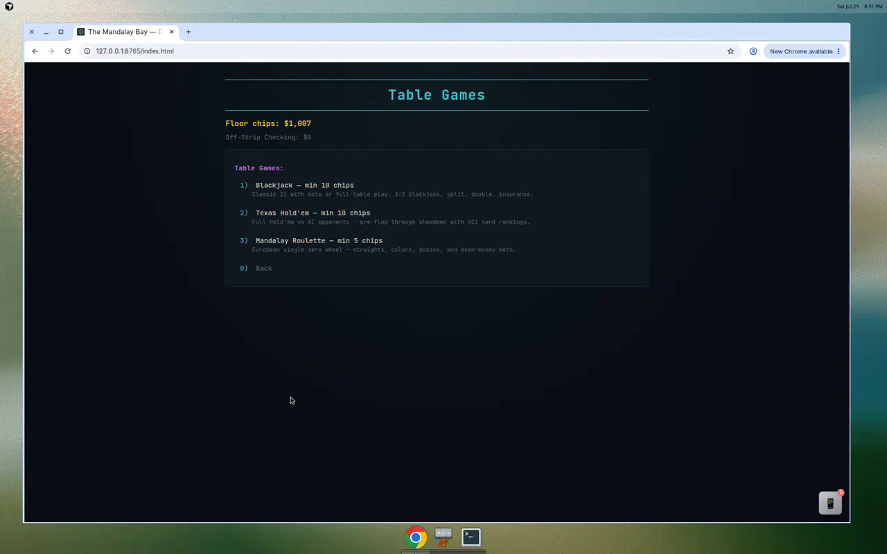 Table Games floor in the web terminal