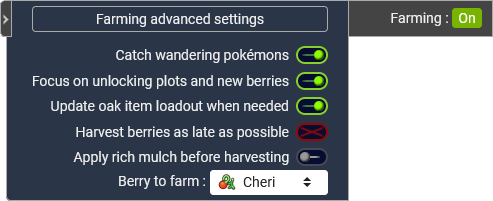 Les boutons de la fonctionnalité 'Farming'
