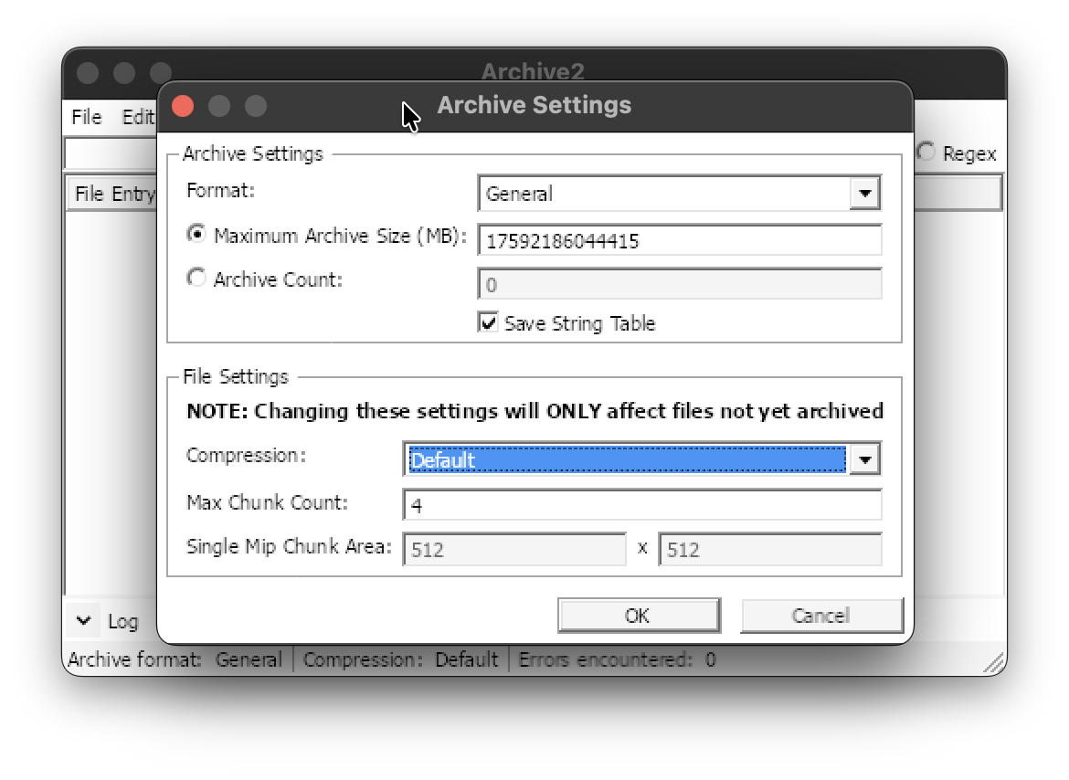 Screenshot of 'Archive Settings' dialog in Archive2