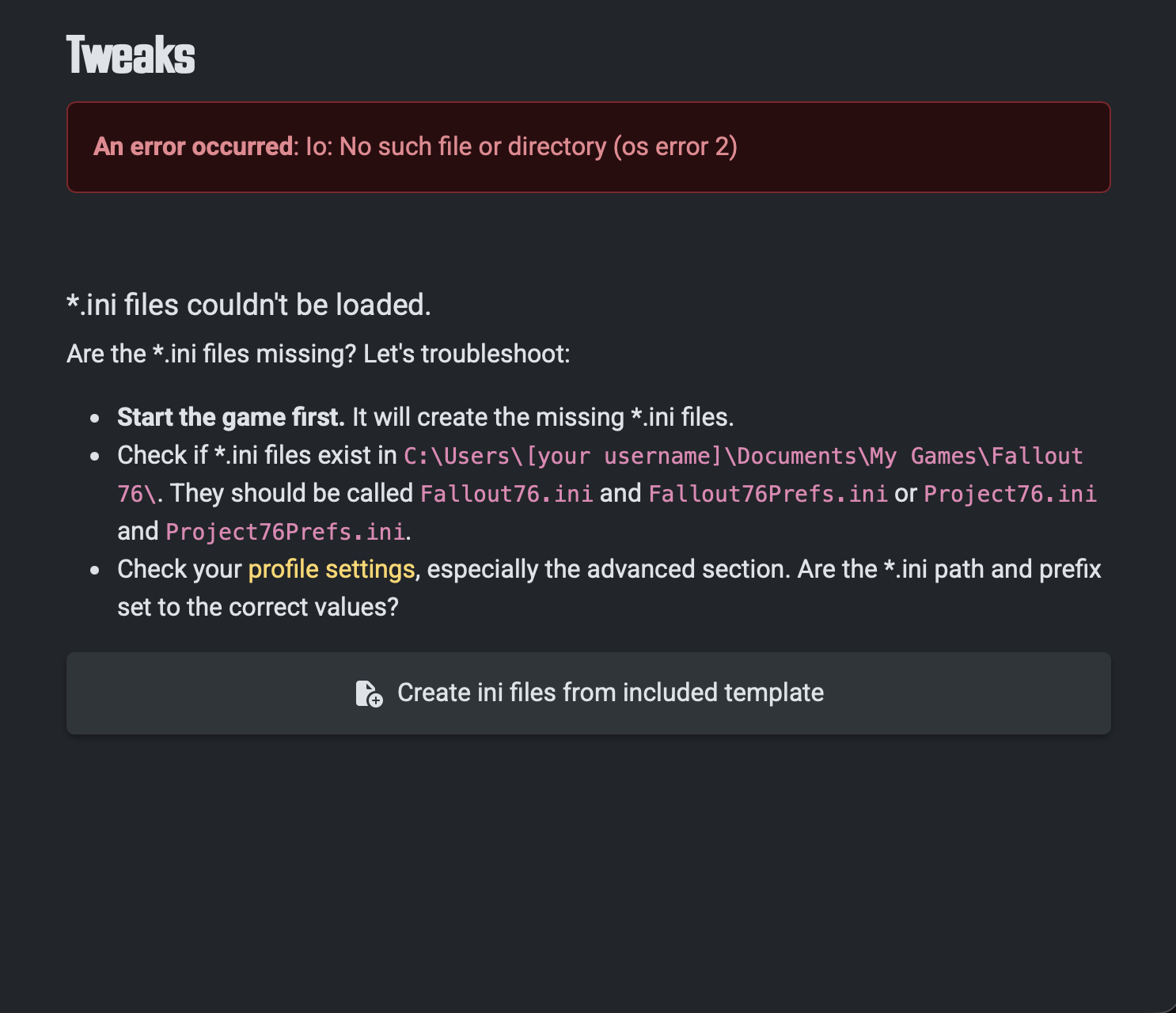 Screenshot of the error message