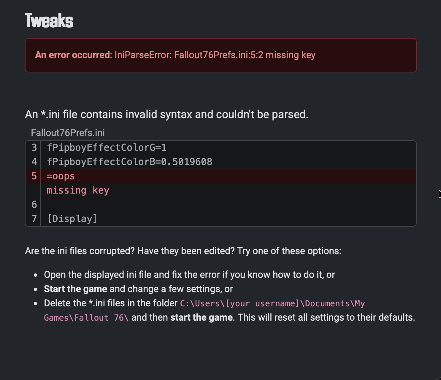 Screenshot of the error message