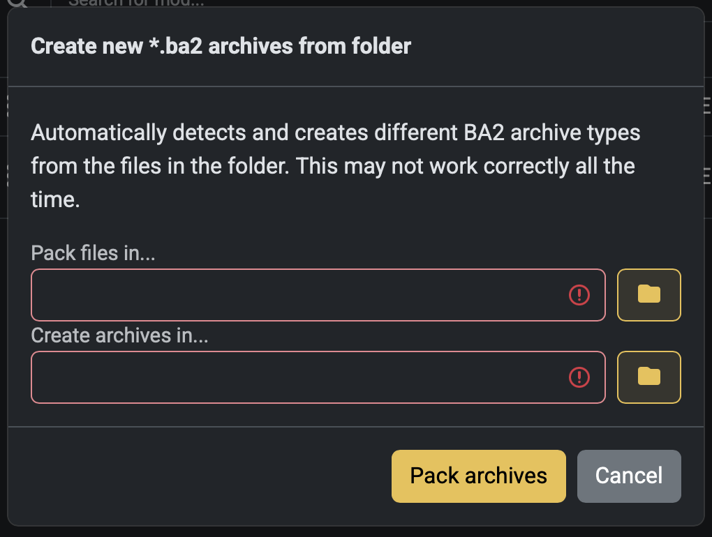Screenshot of 'Create a new *.ba2 archives from folder' dialog in the mod manager
