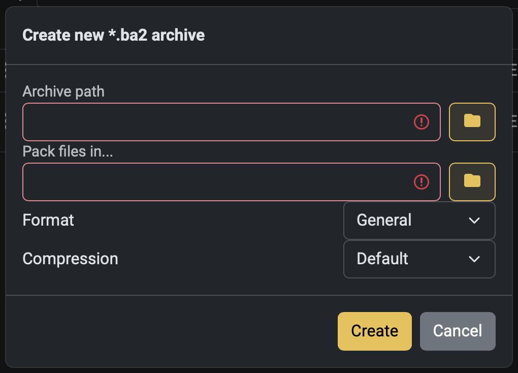 Screenshot of 'Create a new *.ba2 archive' dialog in the mod manager