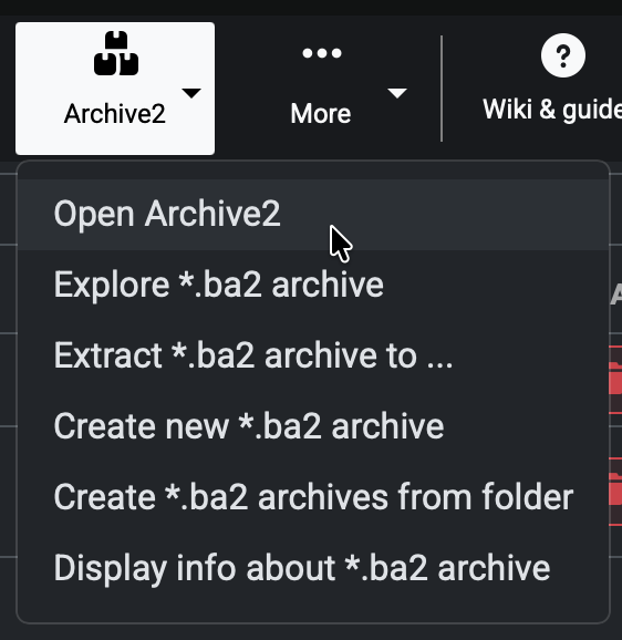 Screenshot of 'Archive2' drop down in the mod manager