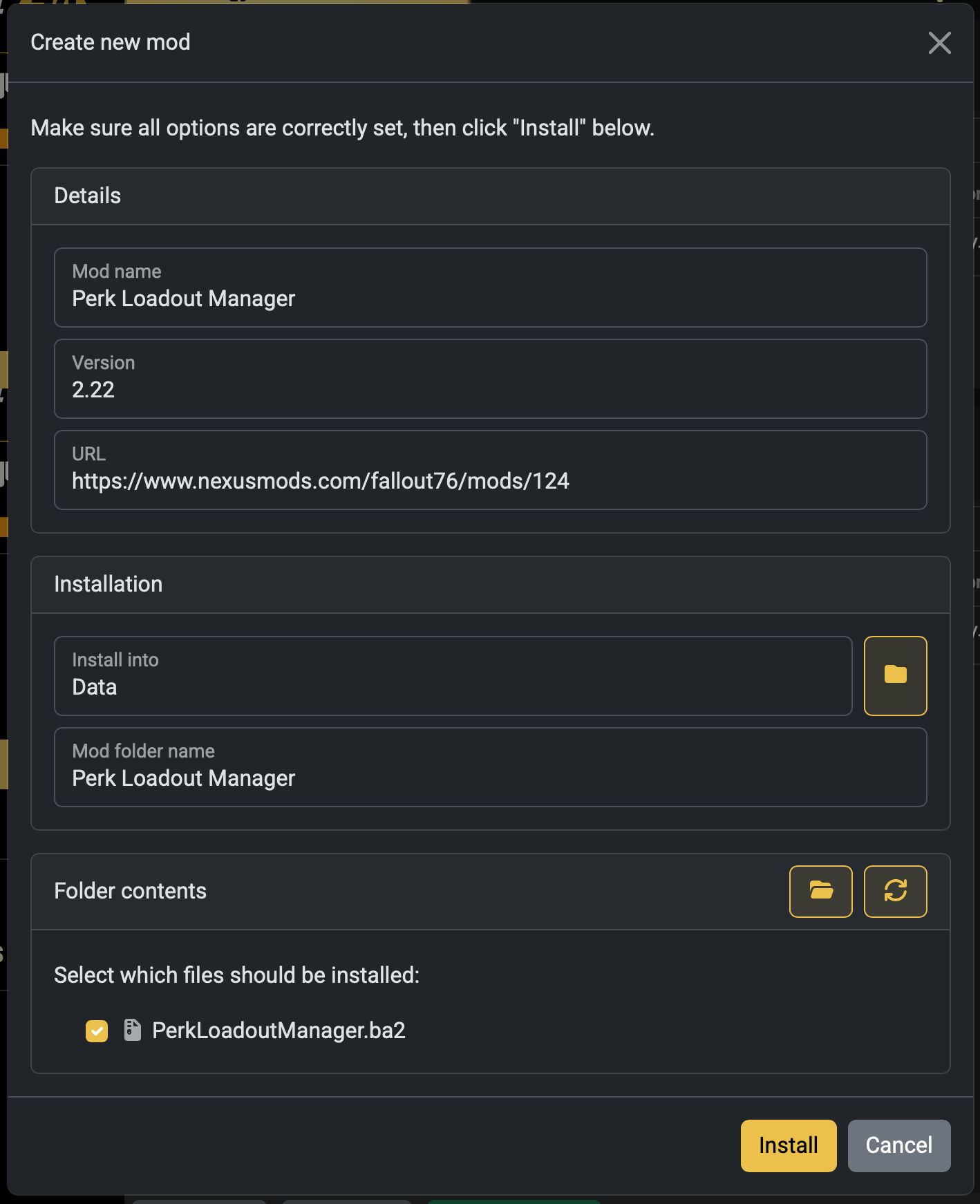 Screenshot of filled out 'Create new mod' dialog